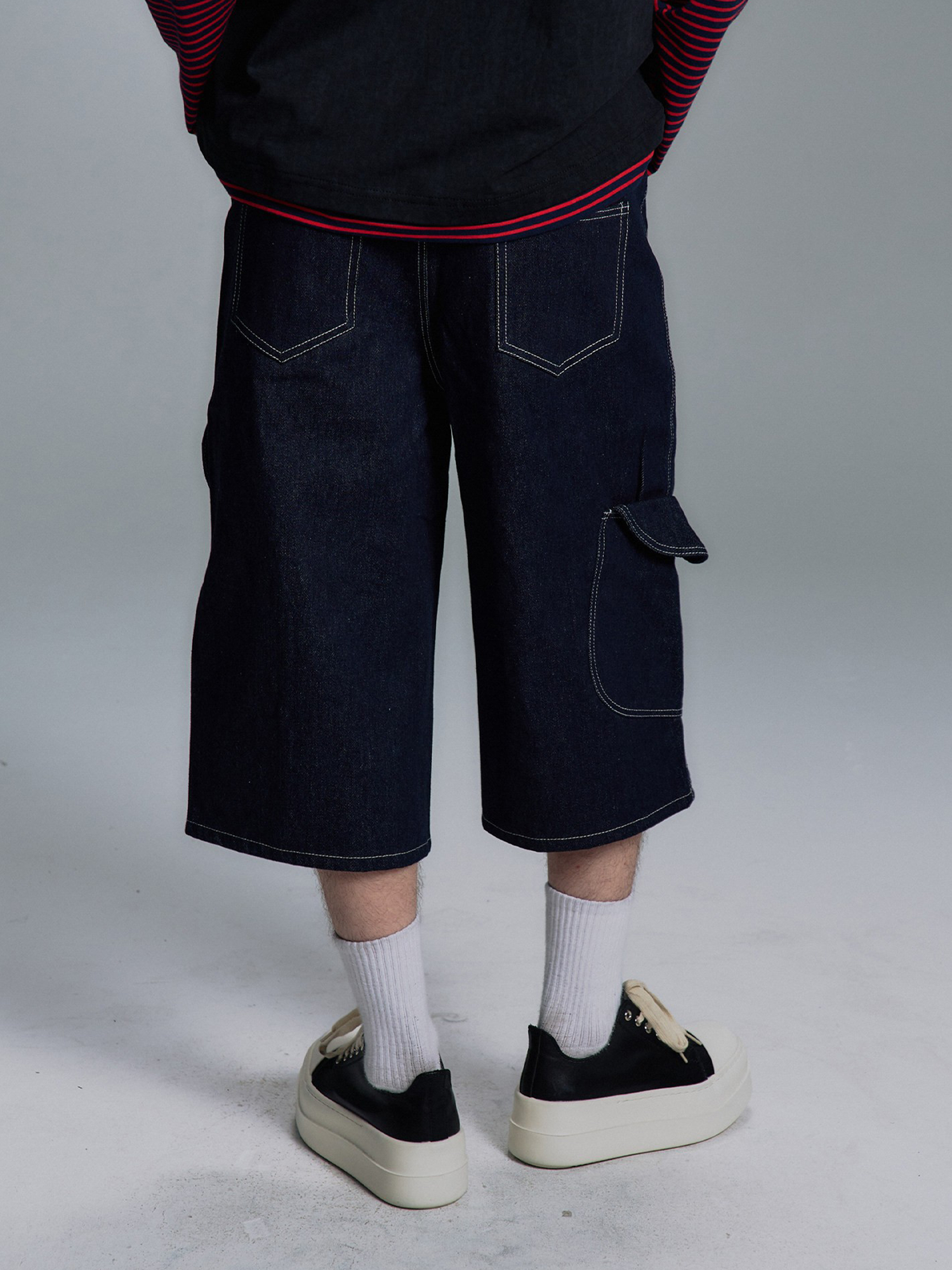 PAIKI Retro Double-Waist Contrast Stitch Cargo Shorts
