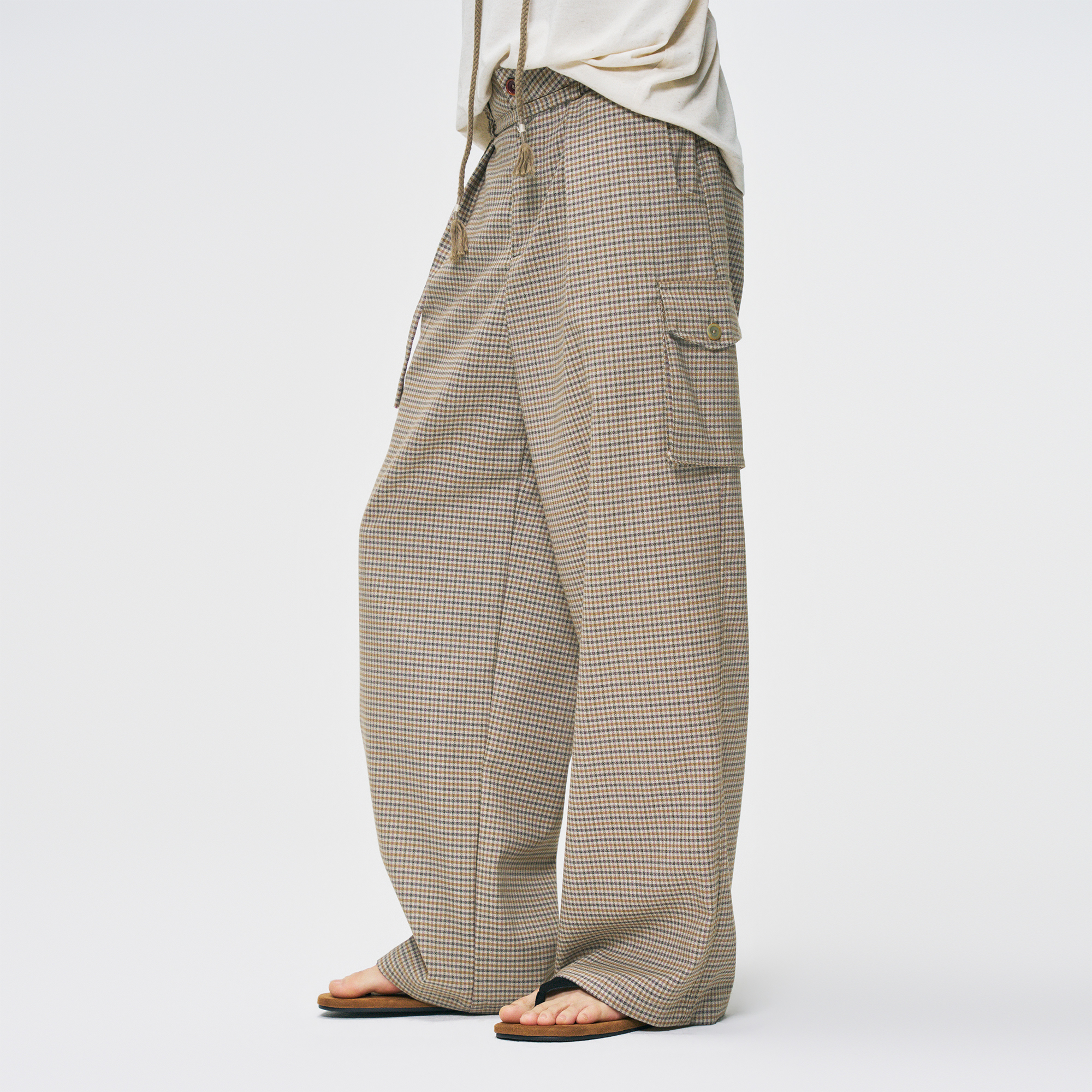 GONGHE REPUB Houndstooth Double-Pleated Tie-Waist Pants