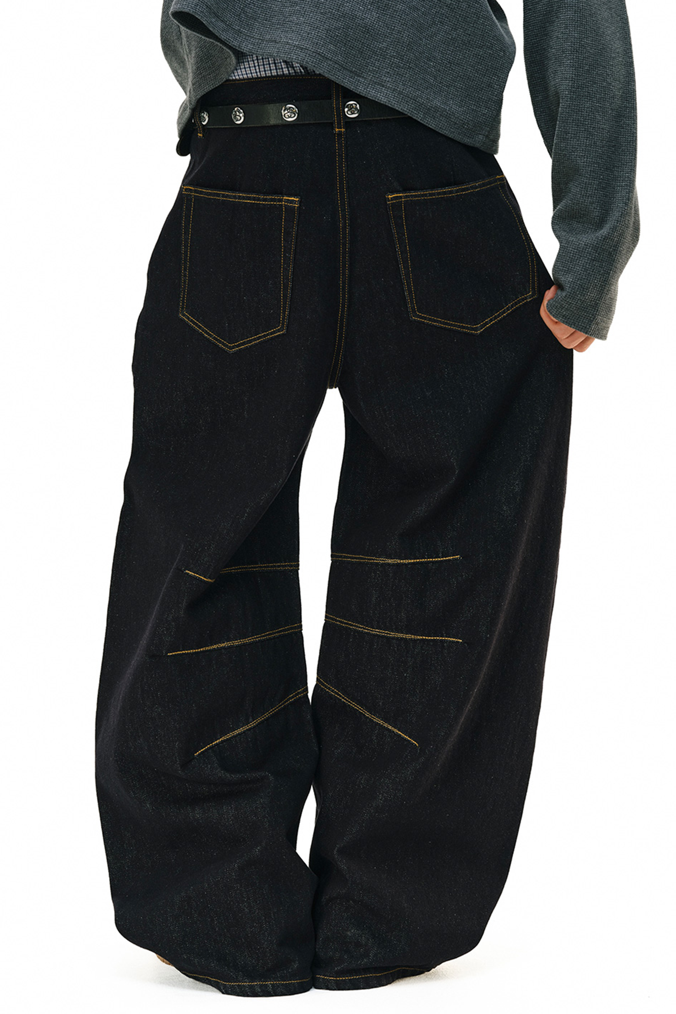 NOVACAM Raw Slub Denim Curved Wide-Leg Jeans