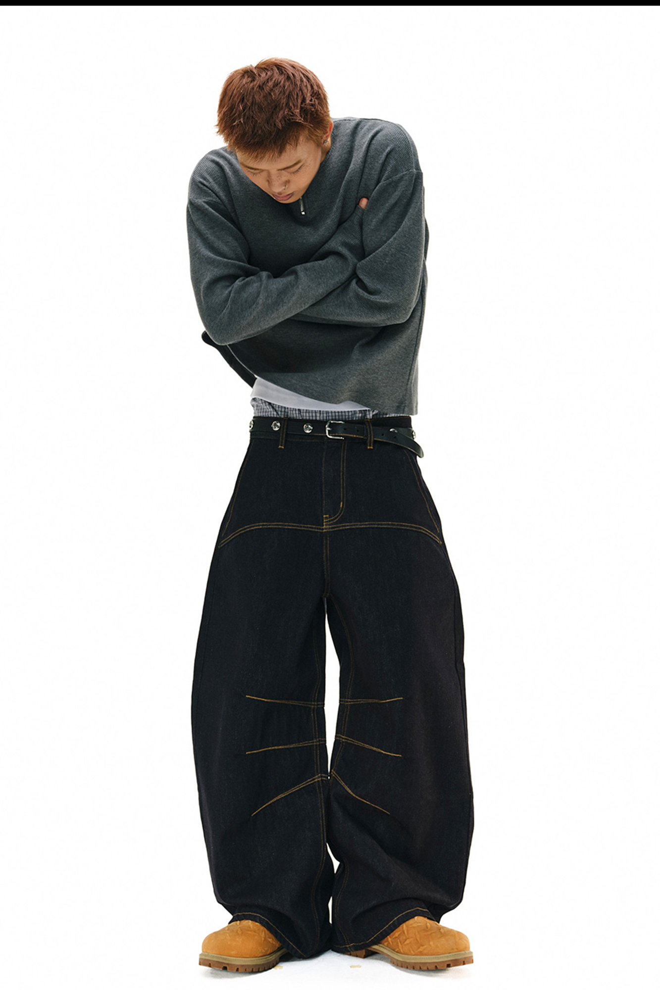 NOVACAM Raw Slub Denim Curved Wide-Leg Jeans
