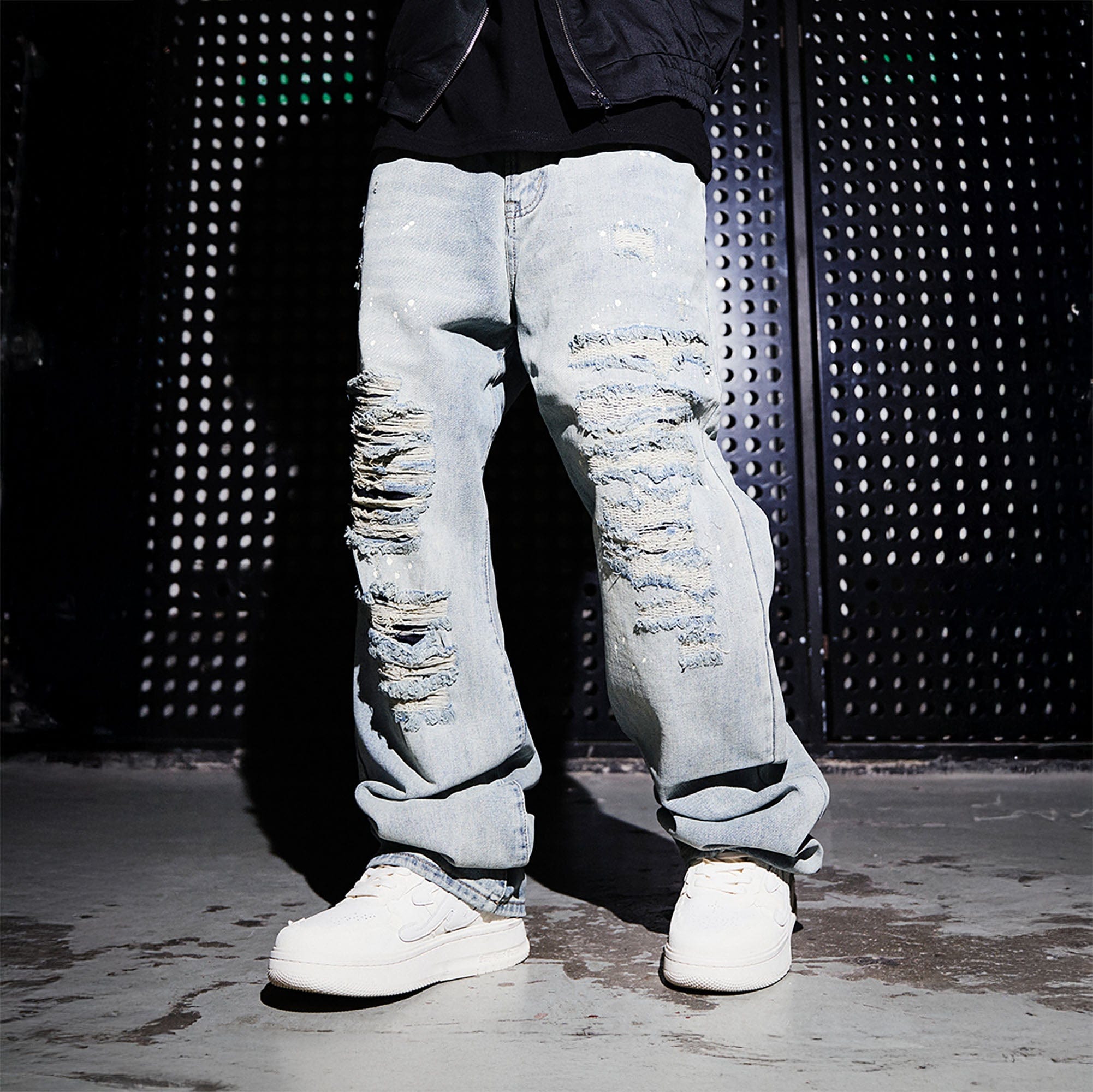 BLACK8MOB Ripped Splatter Straight-Leg Jeans, premium urban and streetwear designers apparel on PROJECTISR.com, BLACK8MOB
