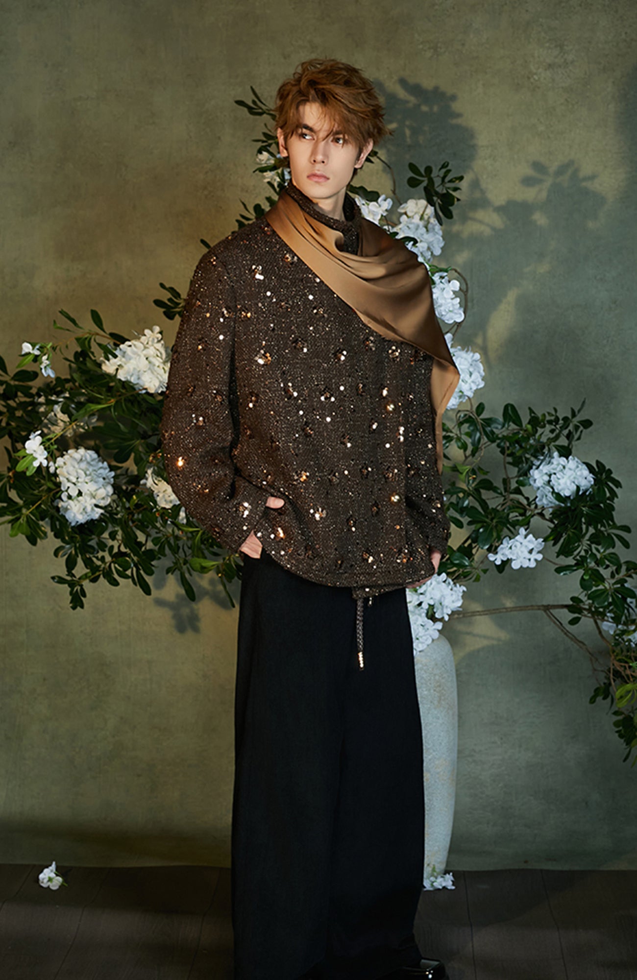 JIECHI Sequin Embroidered Satin Shawl Blazer