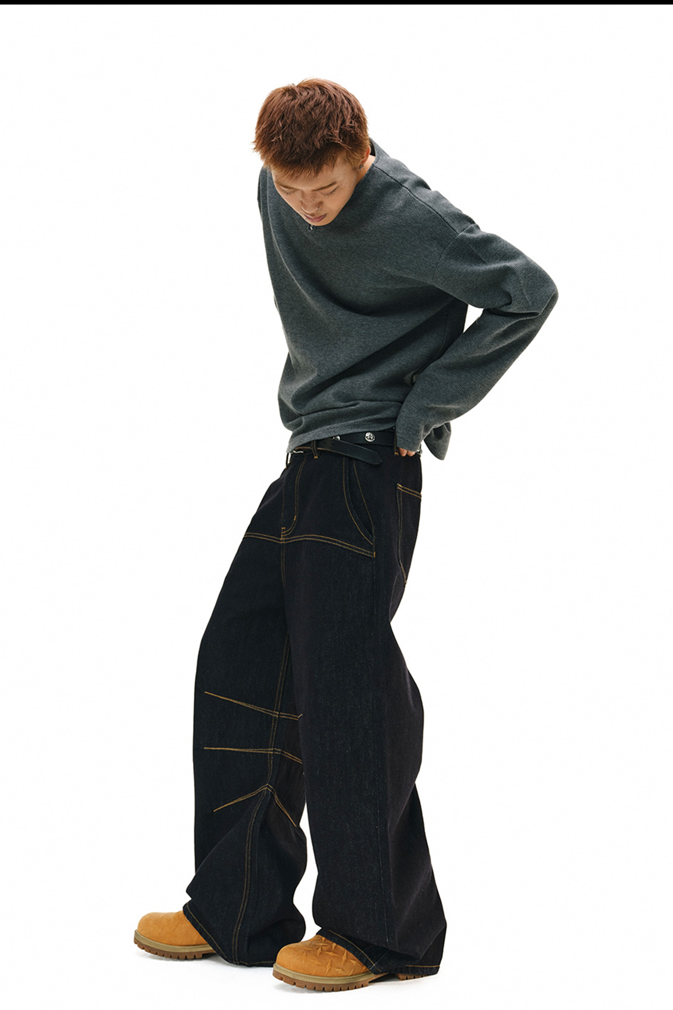NOVACAM Raw Slub Denim Curved Wide-Leg Jeans