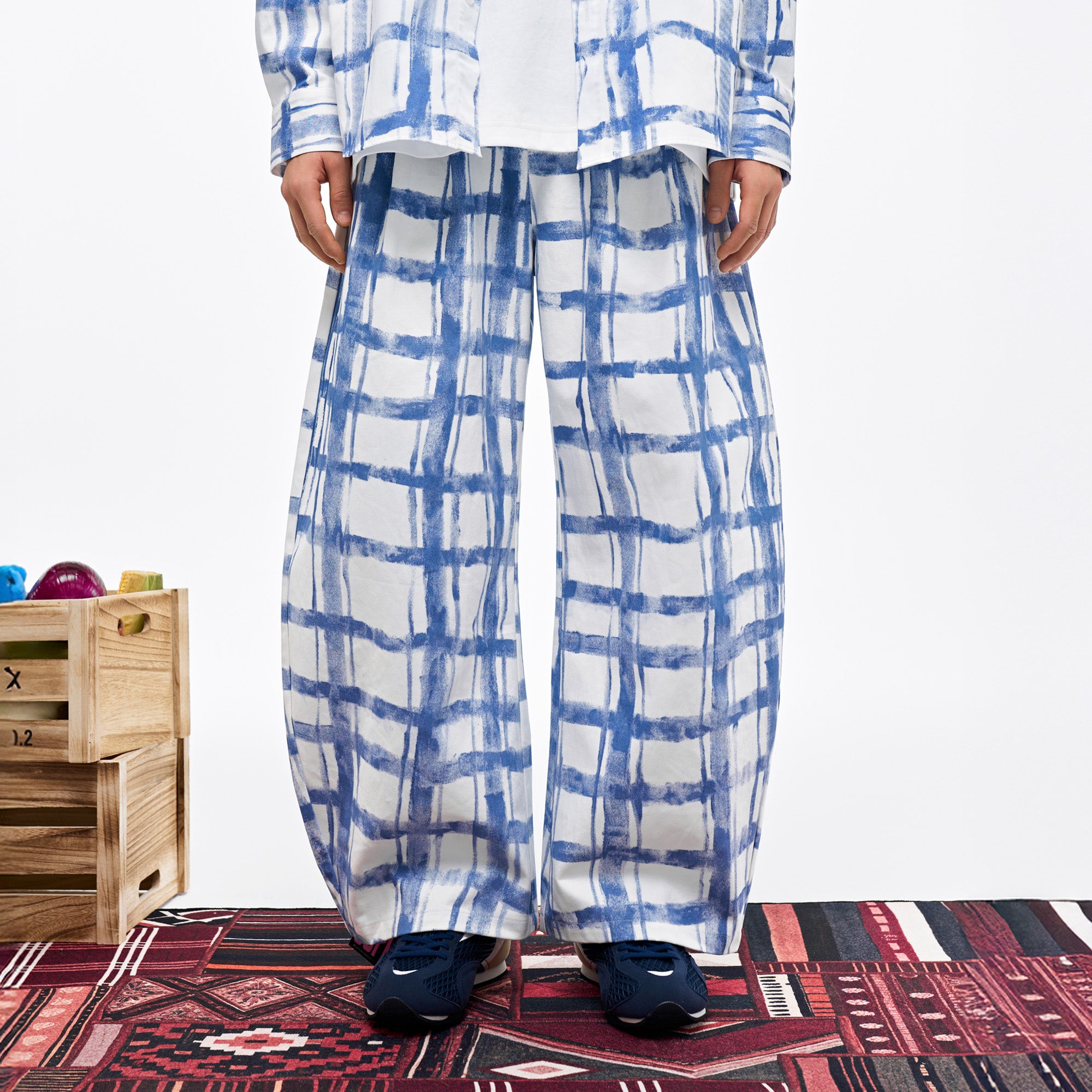 OVERLAPS Brush-Paint Grid Wide-Leg Pants, premium urban and streetwear designers apparel on PROJECTISR.com, OVERLAPS