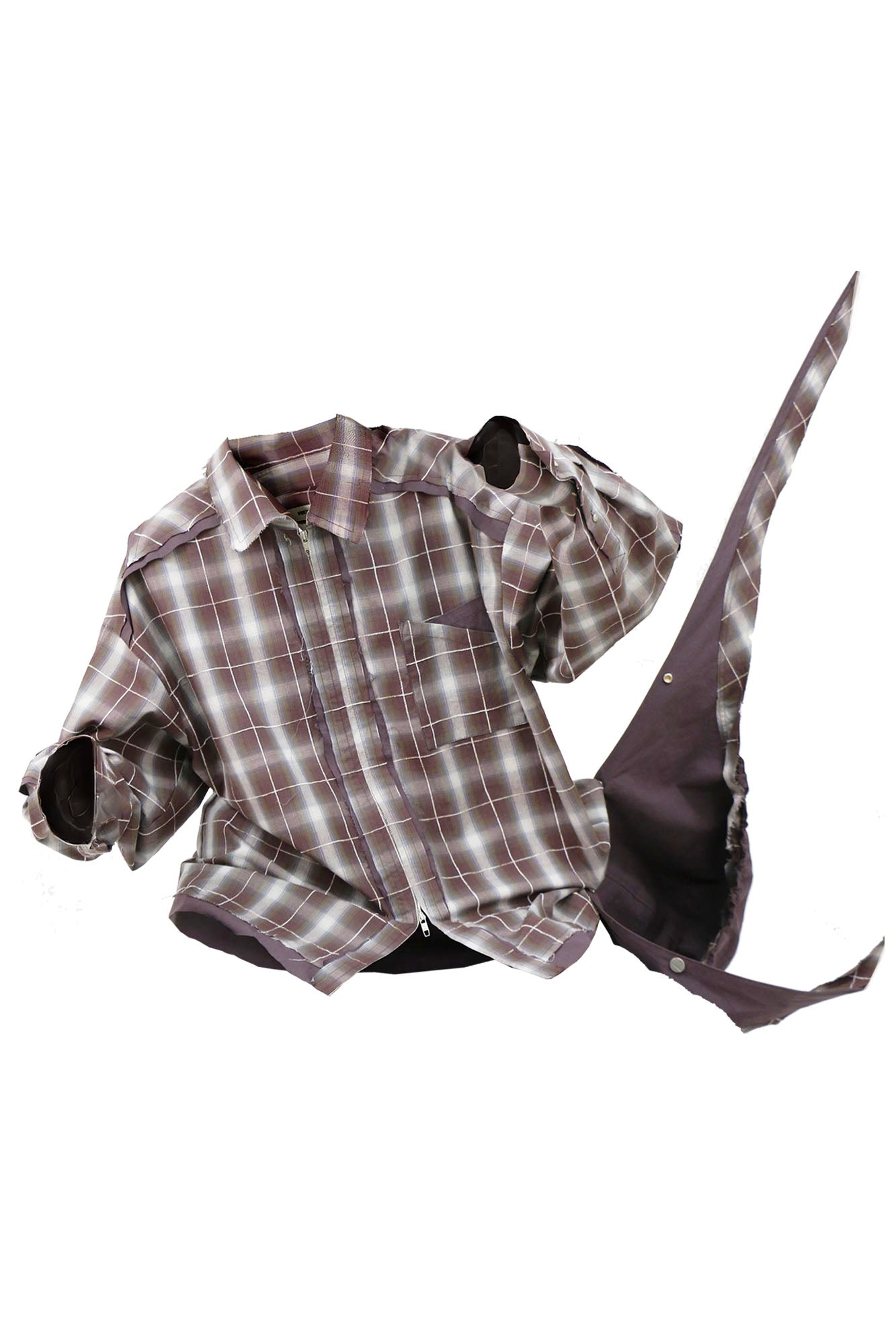 RELABEL Detachable Hood Plaid Frayed Oversized Shirt