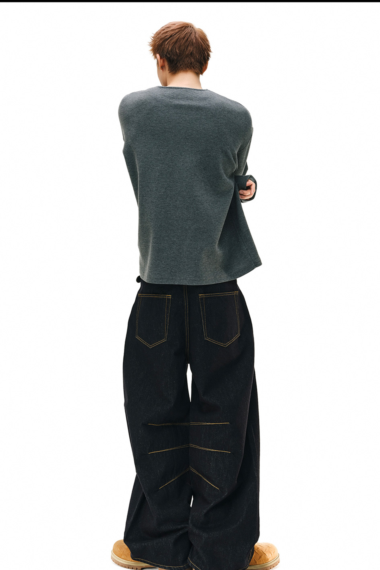 NOVACAM Raw Slub Denim Curved Wide-Leg Jeans