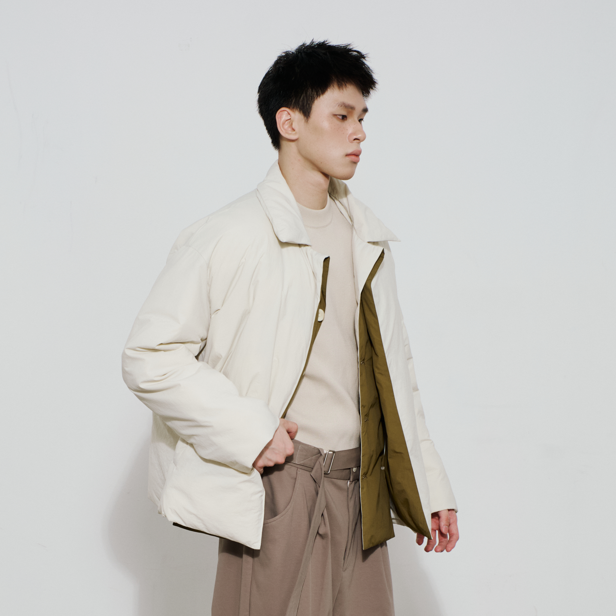 SAME FLOW Layered Contrast Placket Puffer Jacket