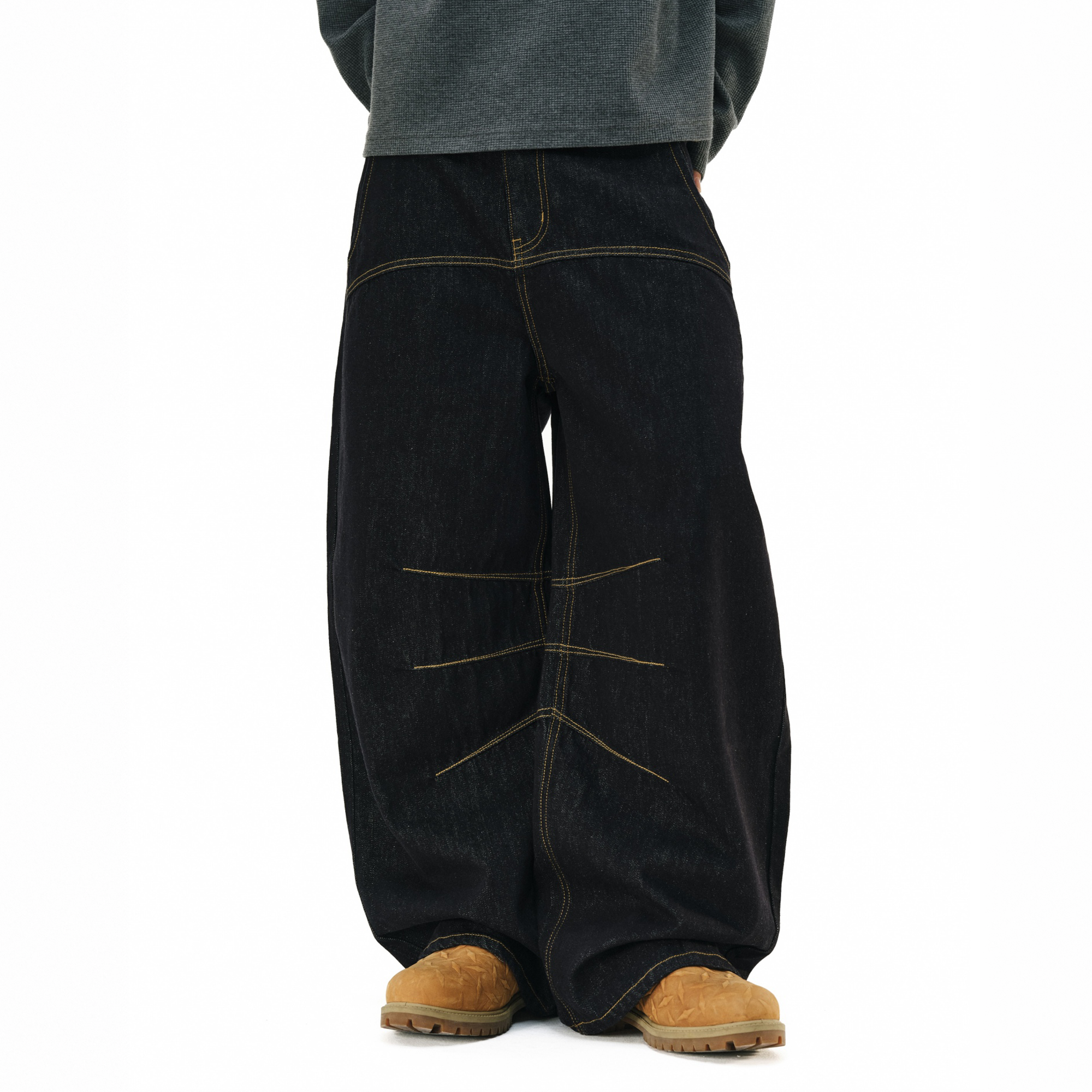 NOVACAM Raw Slub Denim Curved Wide-Leg Jeans