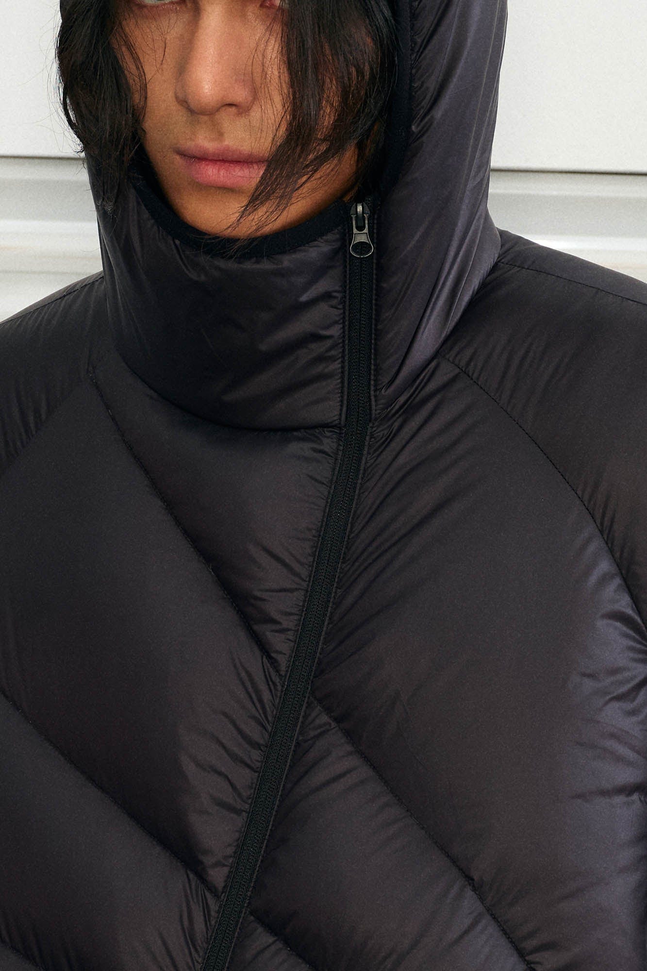 KREATE Asymmetrical Quilted Hooded Down Jacket