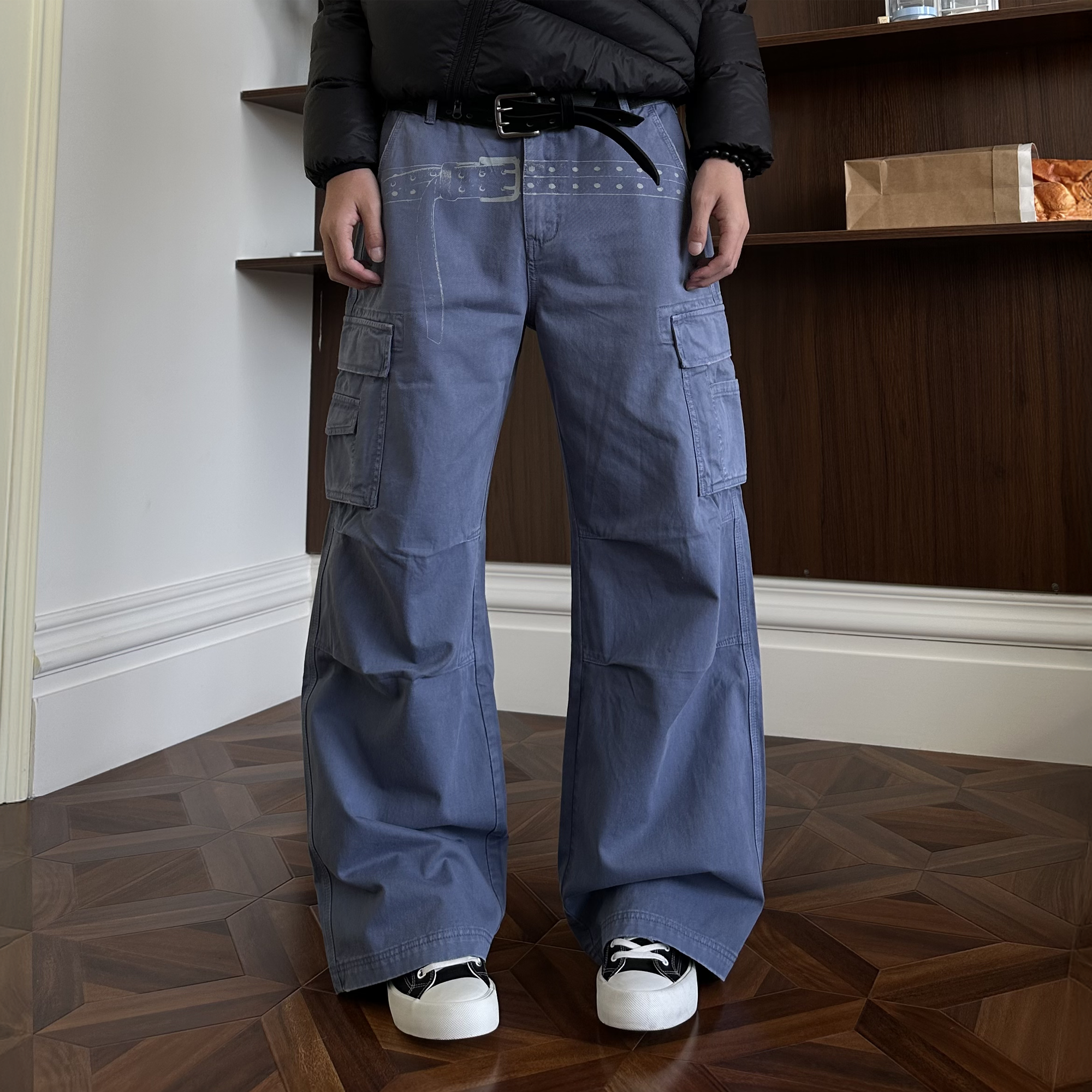 KREATE Washed Belt Graphic Crinkled Cargo Pants