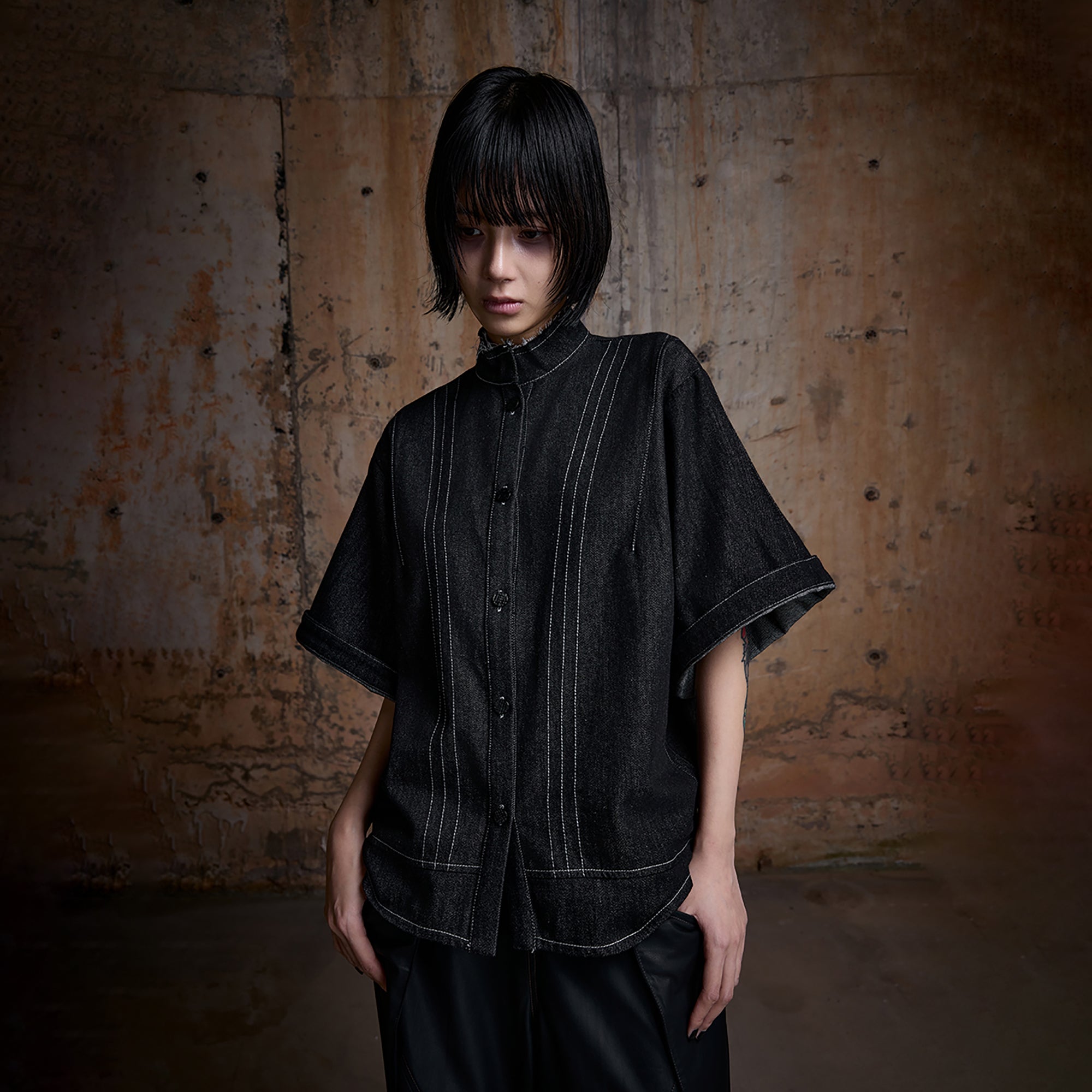 2000RSK Frayed Denim Short-Sleeve Button-Down Shirt