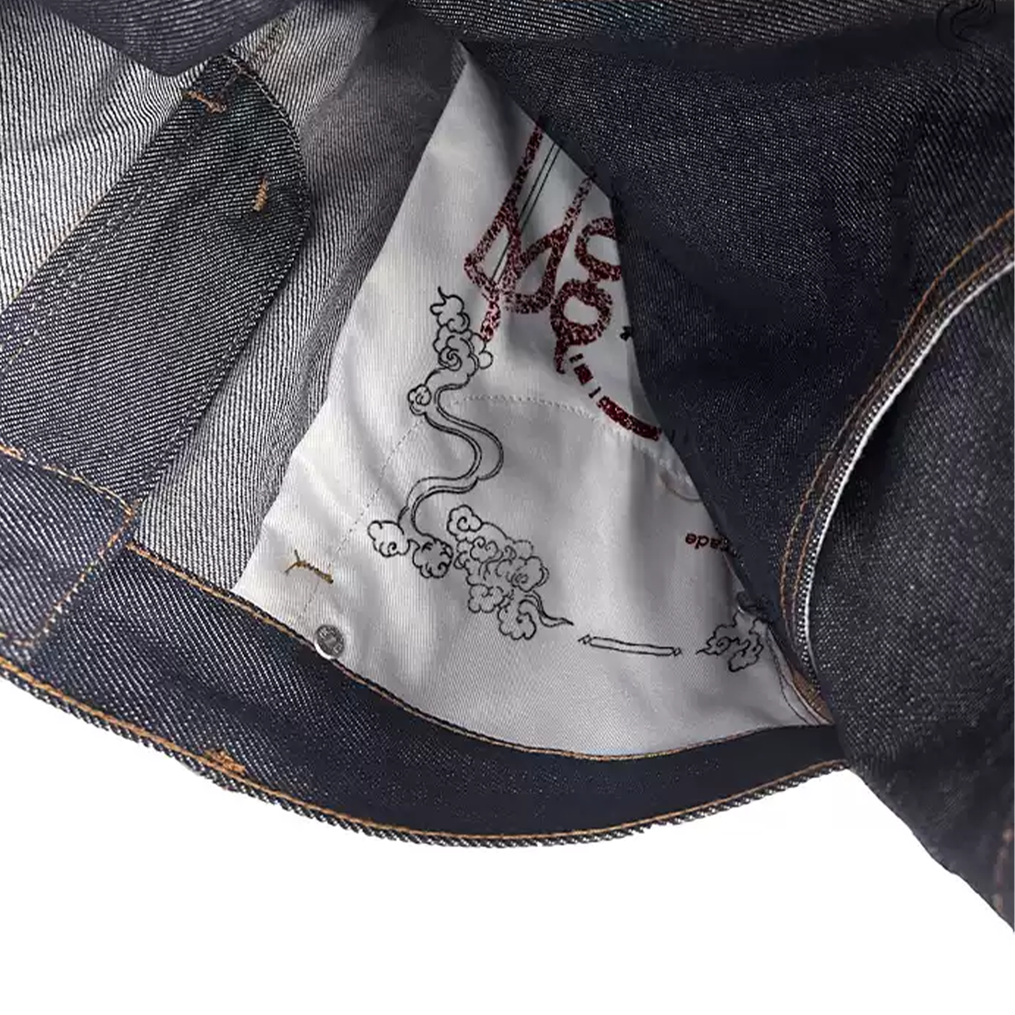 WANNA LAB Studded Double-Waistband Raw Denim Jeans
