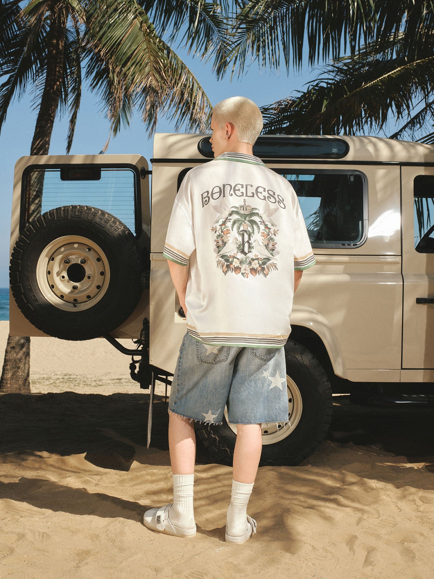 BONELESS Palm Tree & Dove Graphic Striped Collar Tencel Half Shirt, premium urban and streetwear designers apparel on PROJECTISR.com, BONELESS