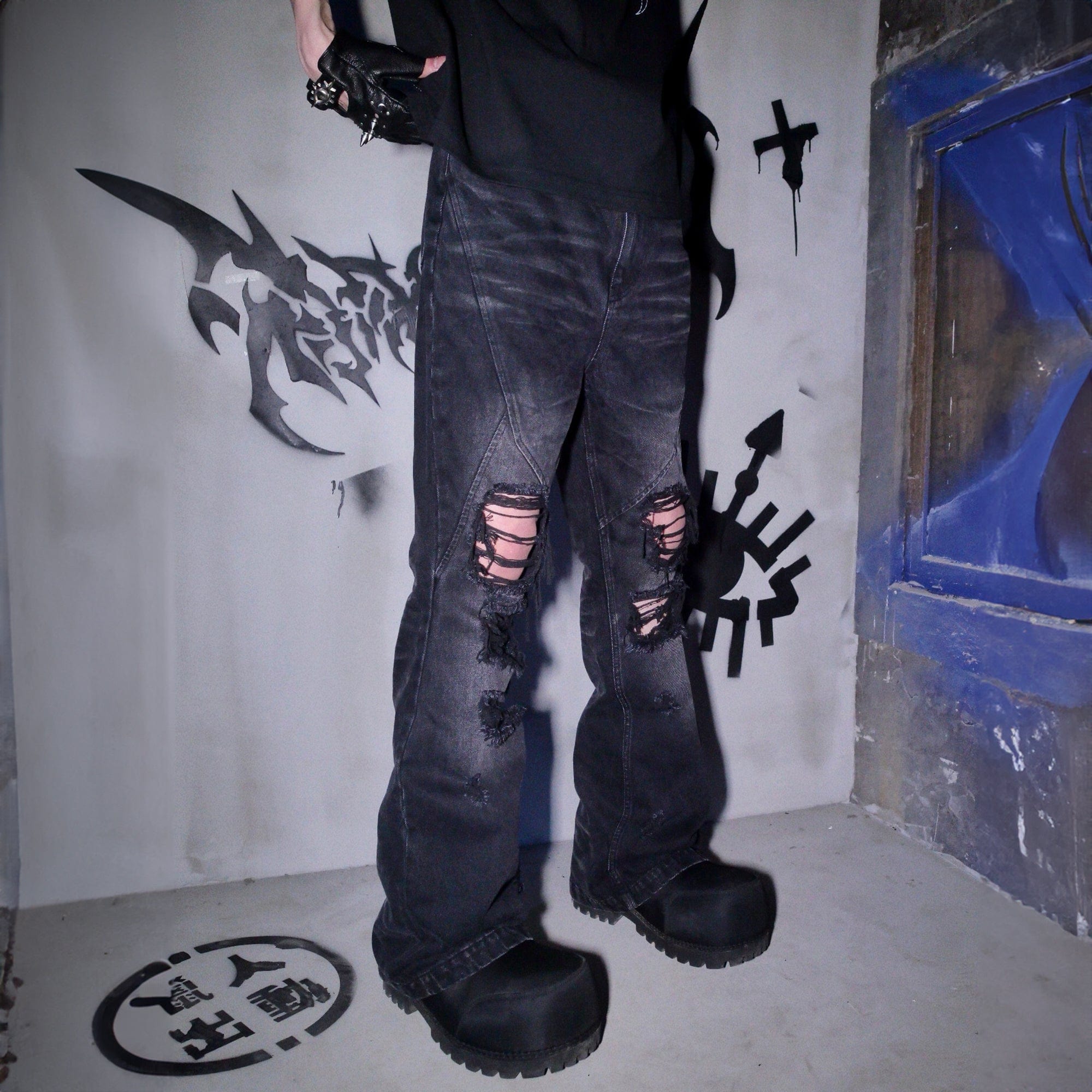 PHANTOMHUNTER Distressed Paneled Ripped Flared Jeans