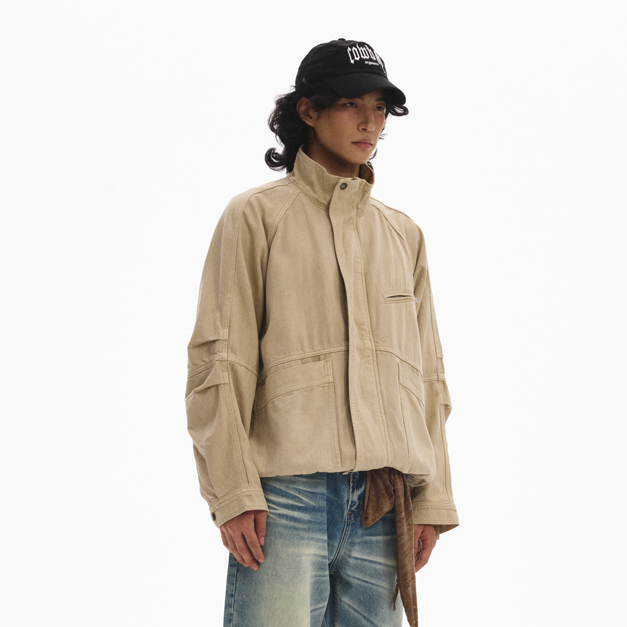 LEONSENSE Utility Raglan Stand-Collar Denim Jacket, premium urban and streetwear designers apparel on PROJECTISR.com, LEONSENSE