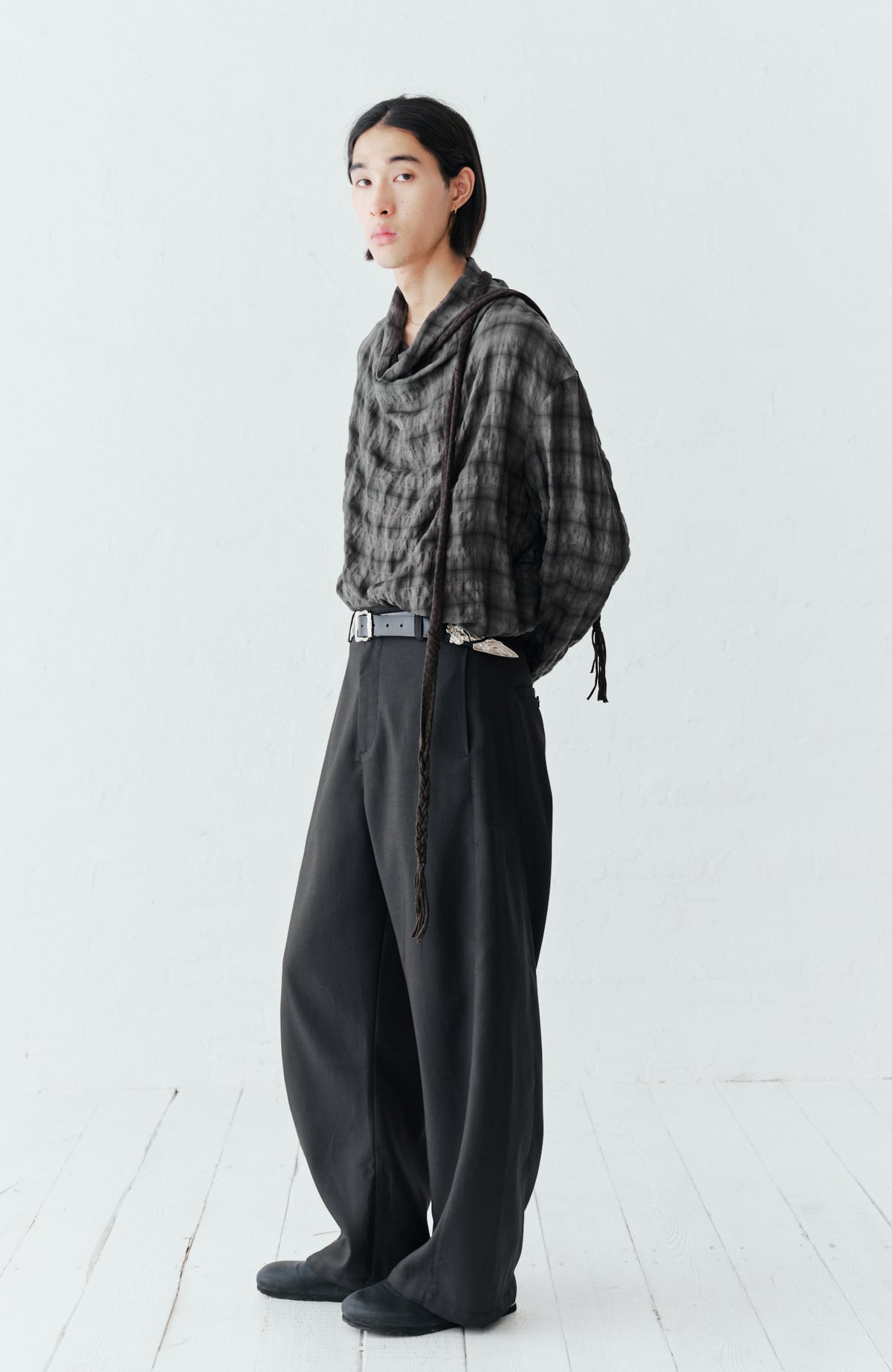 GRAINMUSTARD Plaid Crinkled Cowl Neck Shirt