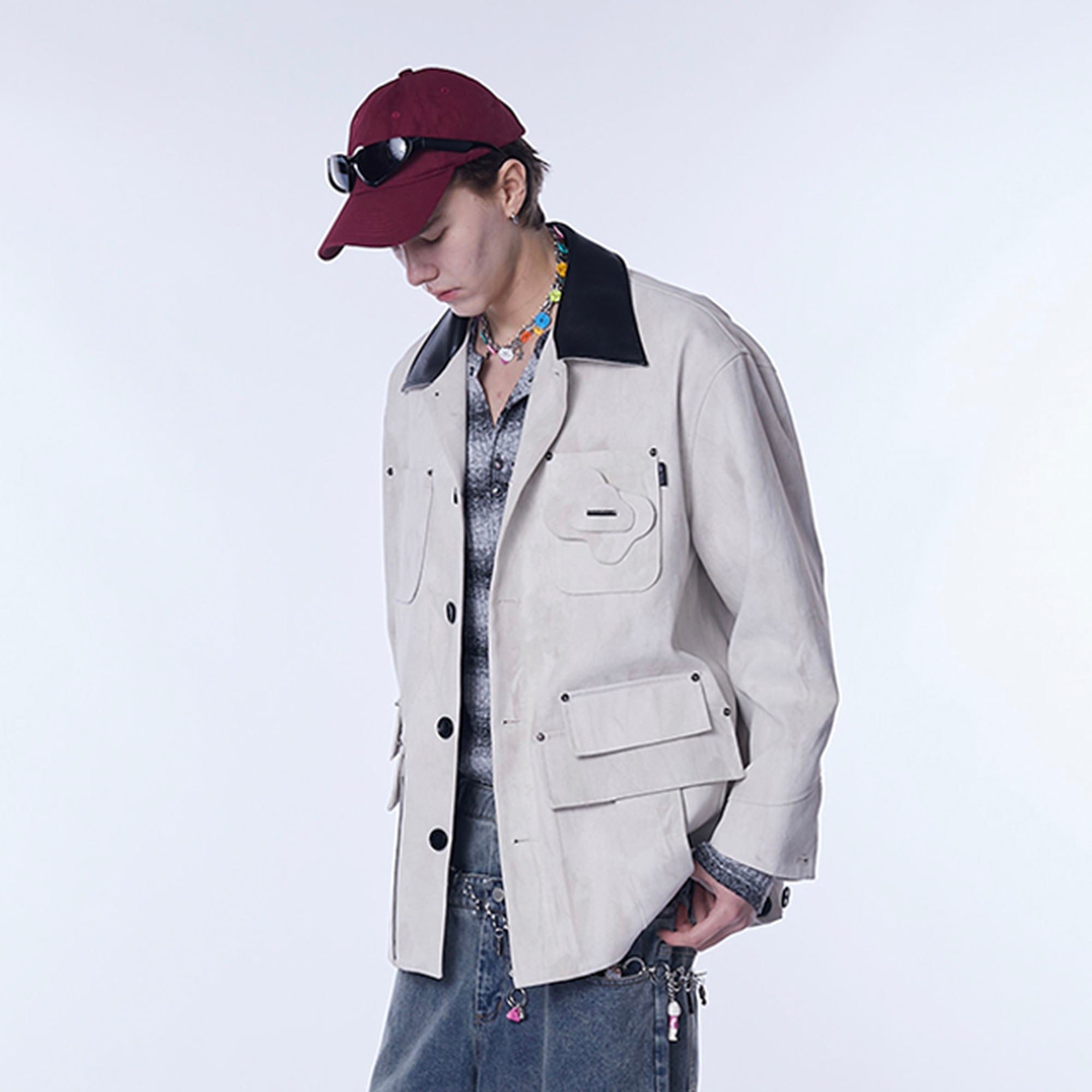 ASSEEN Distressed Panel Leather Collar Barn Jacket, premium urban and streetwear designers apparel on PROJECTISR.com, ASSEEN