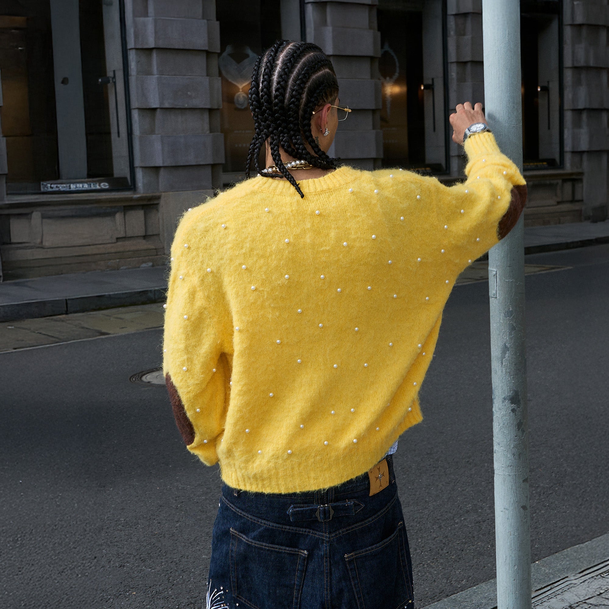 STEEPC Pearl-Studded Contrast Elbow Patch Cardigan