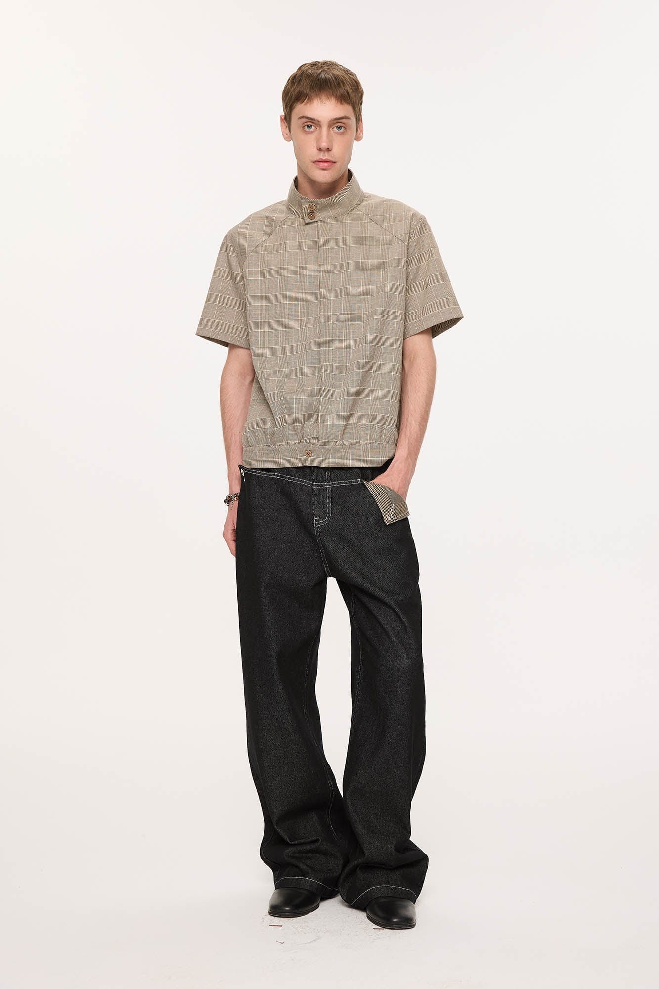 KREATE Harrington Stand-Collar Half Sleeve Shirt