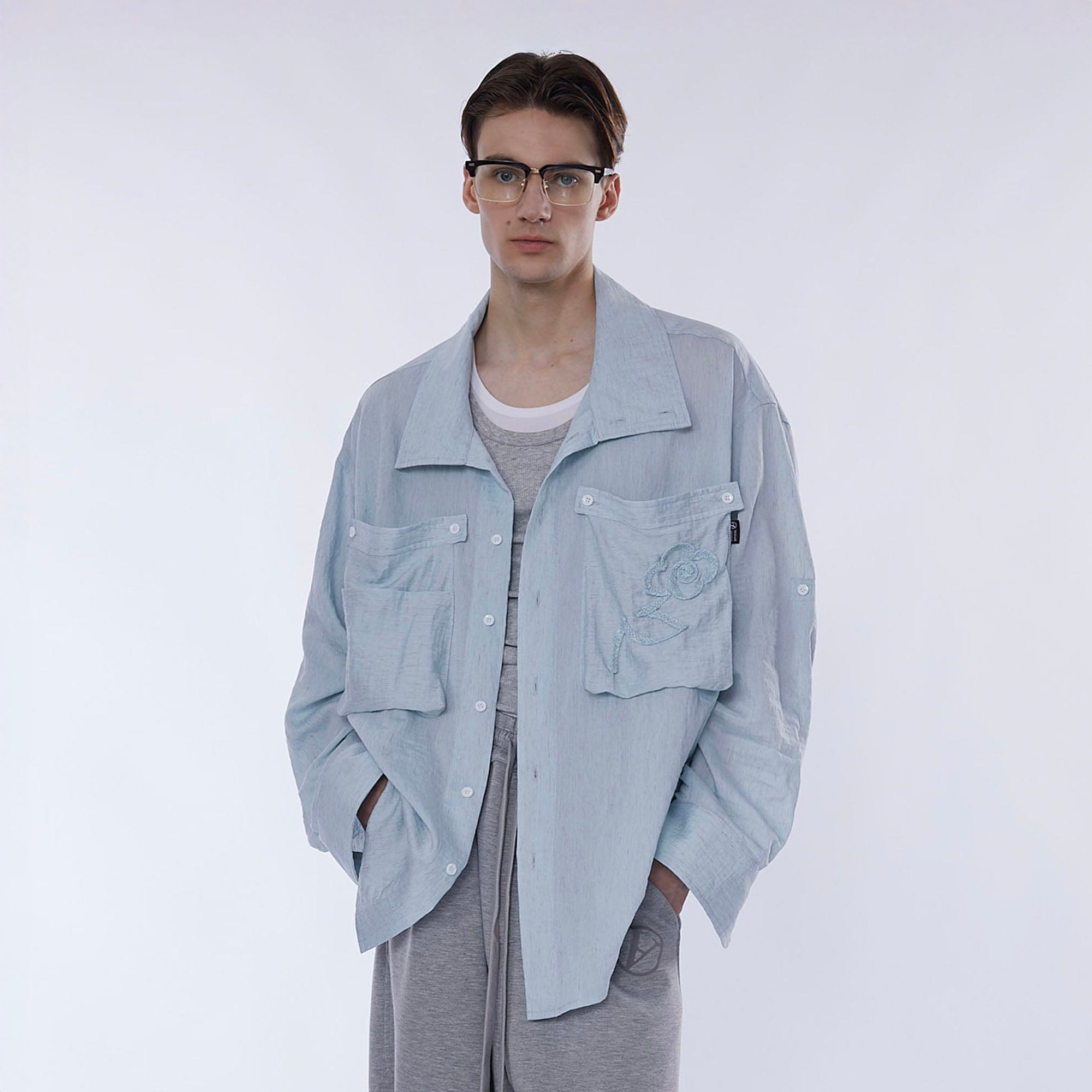 ASSEEN Rose Embroidered Pocket Linen-Blended Overshirt, premium urban and streetwear designers apparel on PROJECTISR.com, ASSEEN