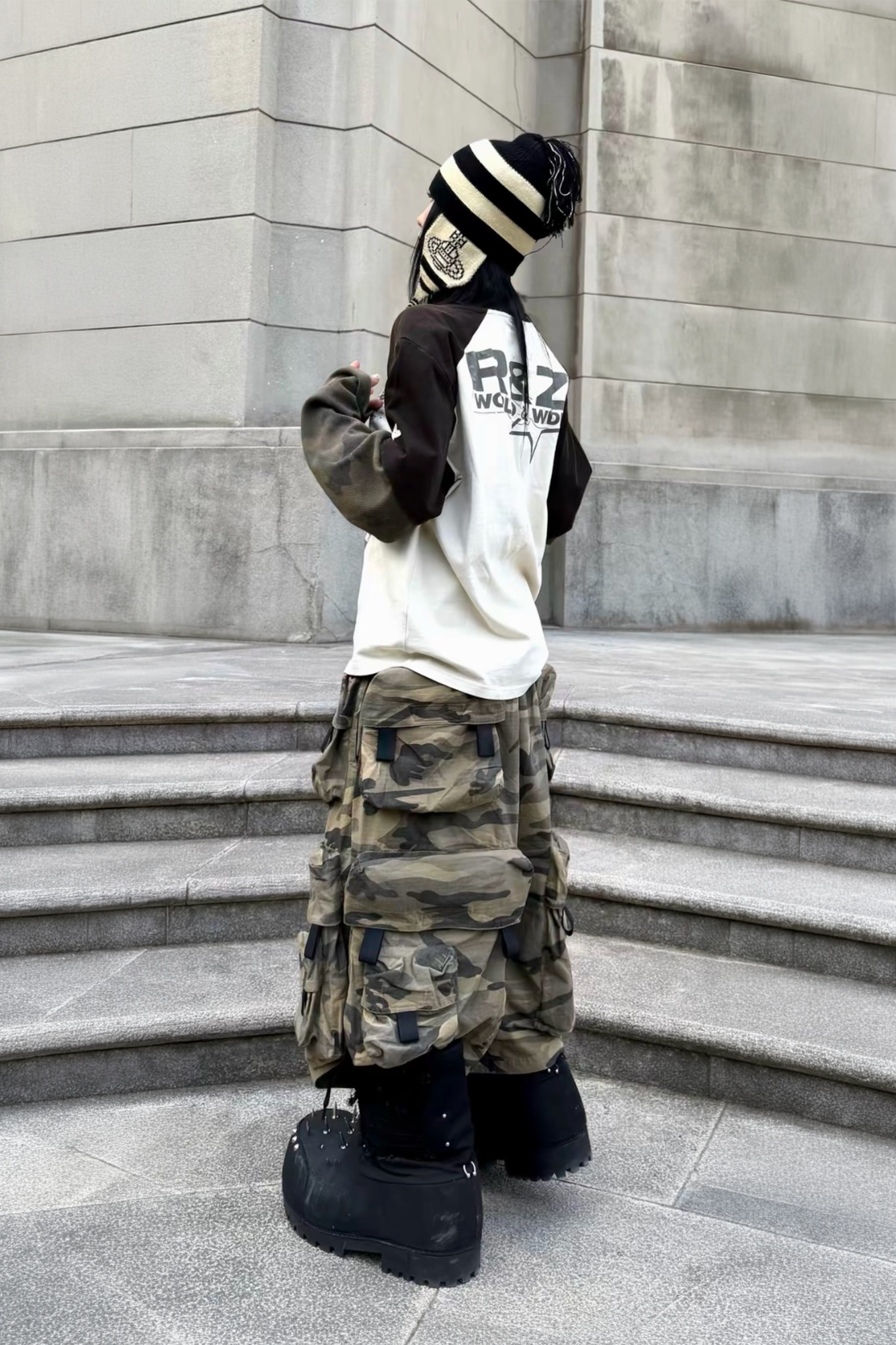 REGEN ZONE Camo Spliced Washed Eagle Graphic Long-Sleeve Tee