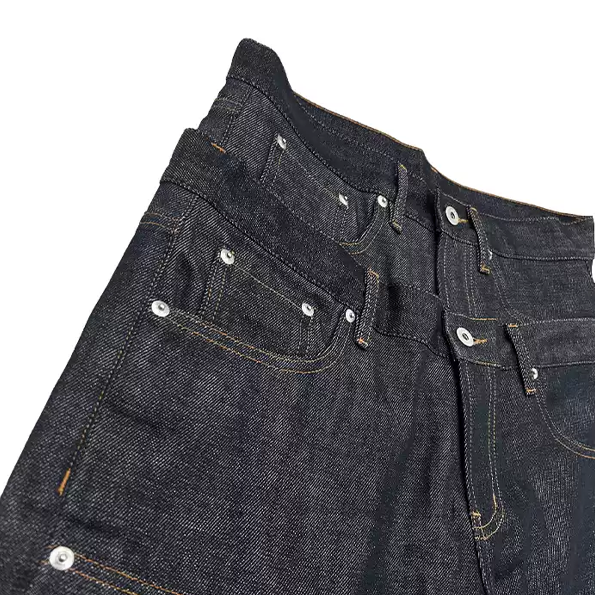 WANNA LAB Studded Double-Waistband Raw Denim Jeans