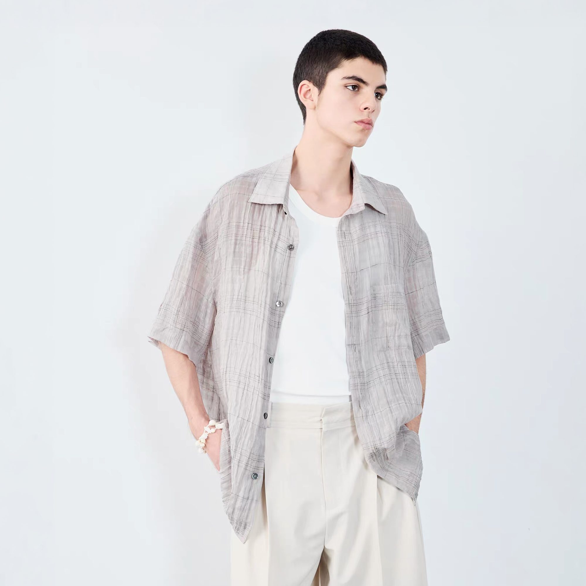 GRAINMUSTARD Linen-Cotton Plaid Half Shirt, premium urban and streetwear designers apparel on PROJECTISR.com, GRAINMUSTARD