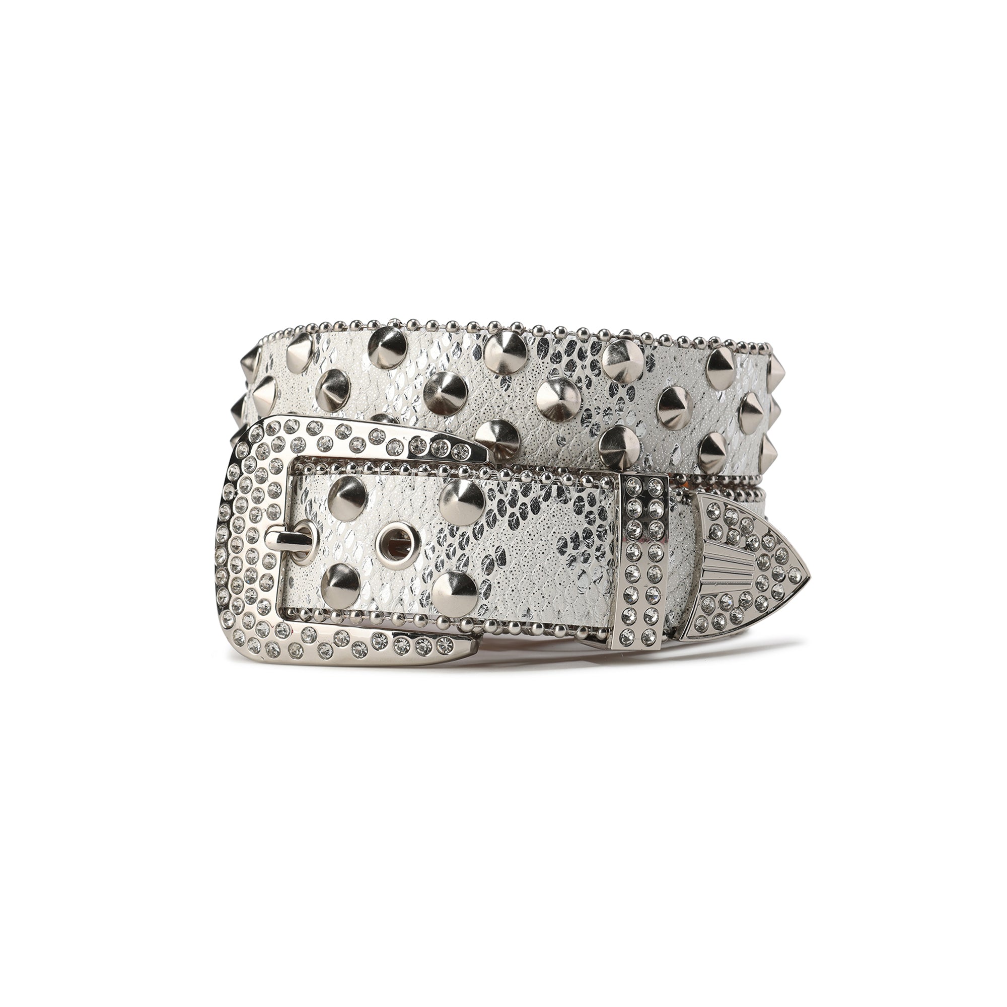 CYCYCY Serpentine Embossed Double Buckle Studded Belt White