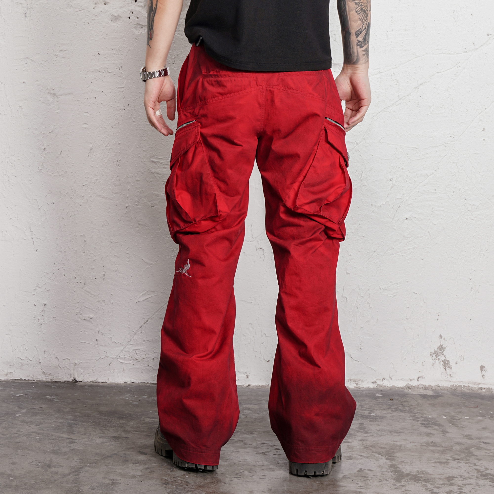 UNDERWATER Burnt Red Dirty-Dyed Moleskin Cargo Pants, premium urban and streetwear designers apparel on PROJECTISR.com, UNDERWATER