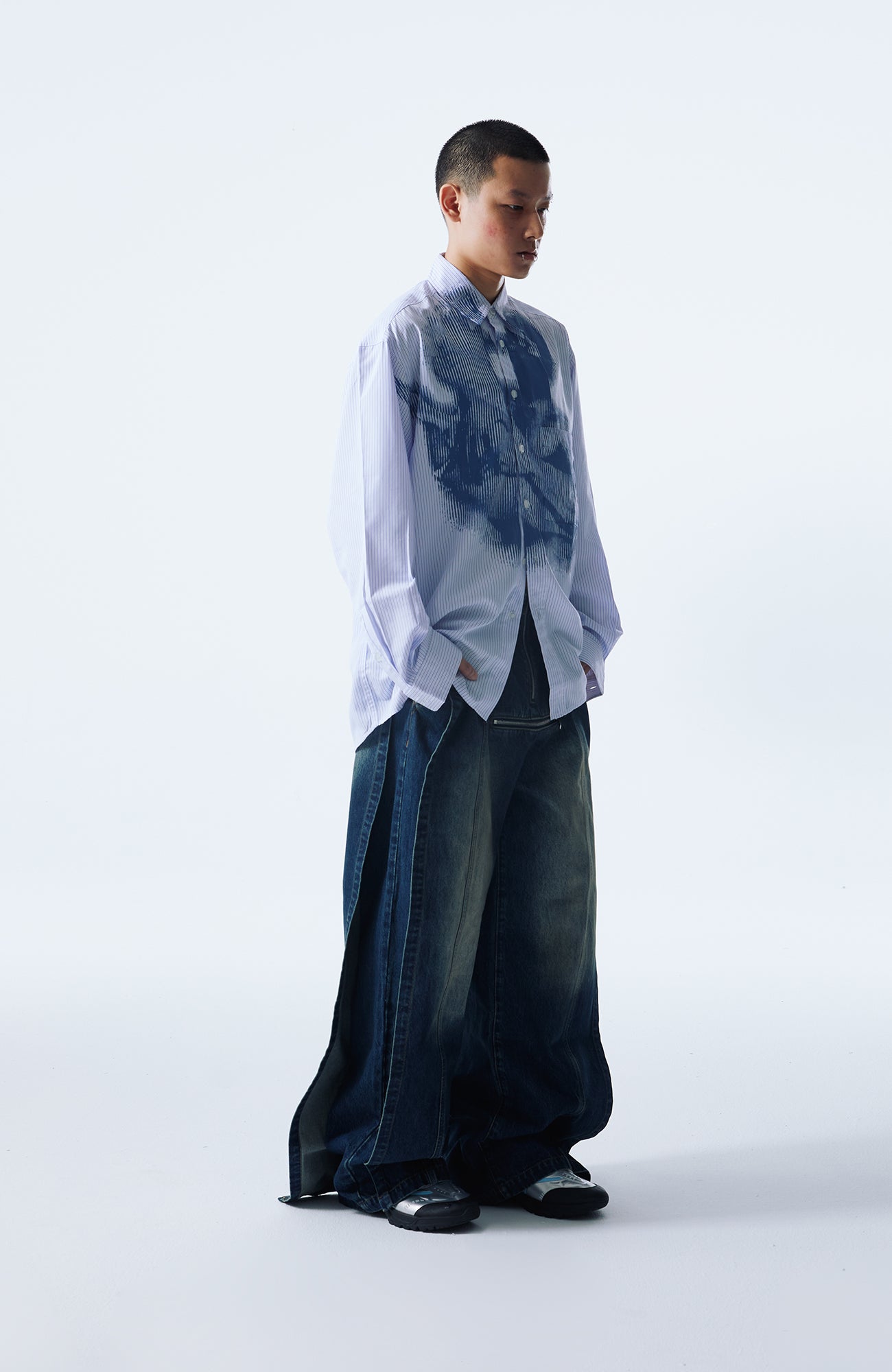 INTERRUPT Graphic Crinkled Striped Oversized Shirt