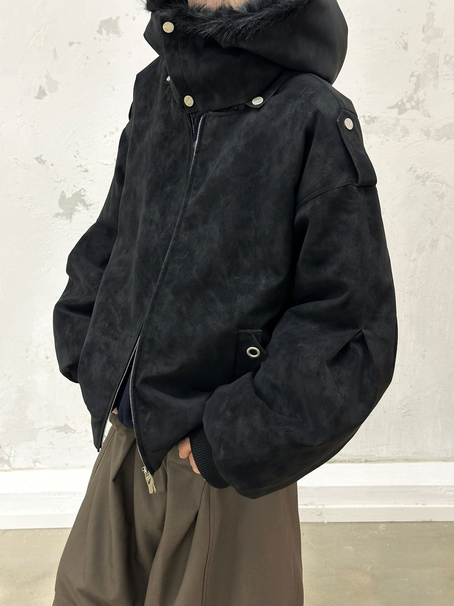 RELABEL Detachable Plush Scarf Hooded Suede Jacket Black, premium urban and streetwear designers apparel on PROJECTISR.com, RELABEL