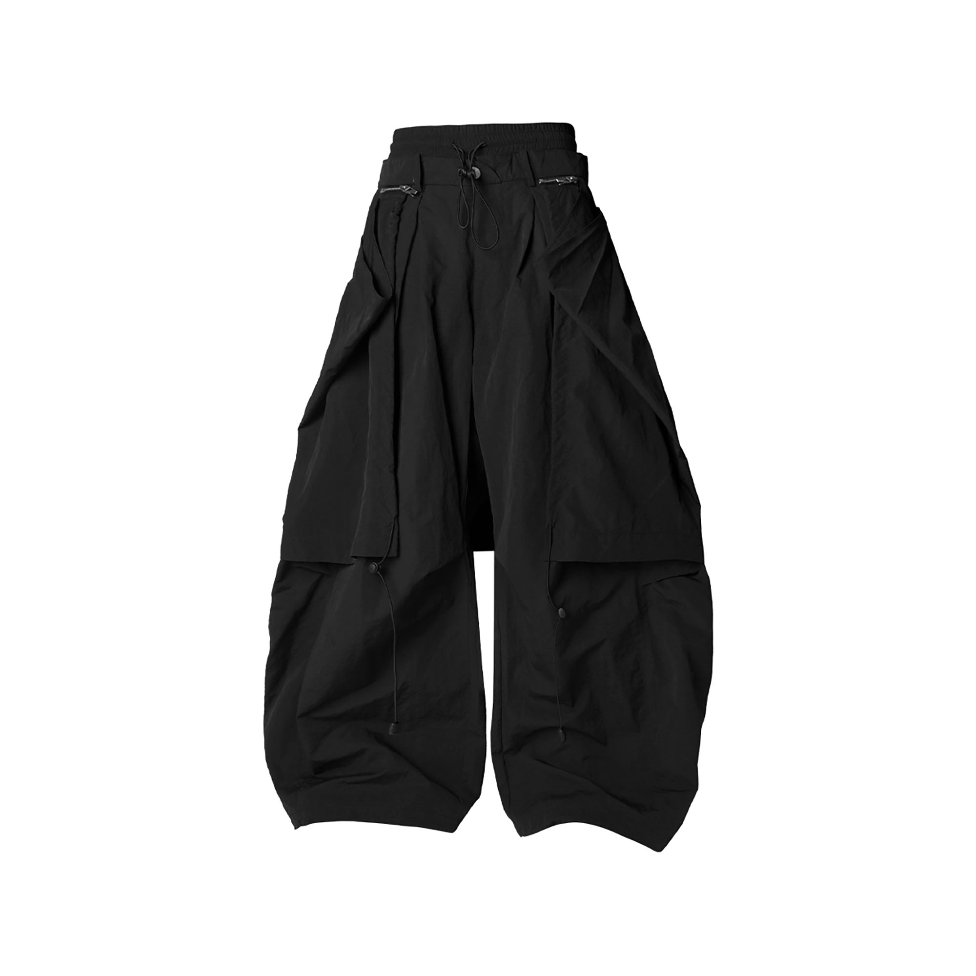 RELABEL Drawstring Layered Double-Waistband Parachute Pants Black, premium urban and streetwear designers apparel on PROJECTISR.com, RELABEL