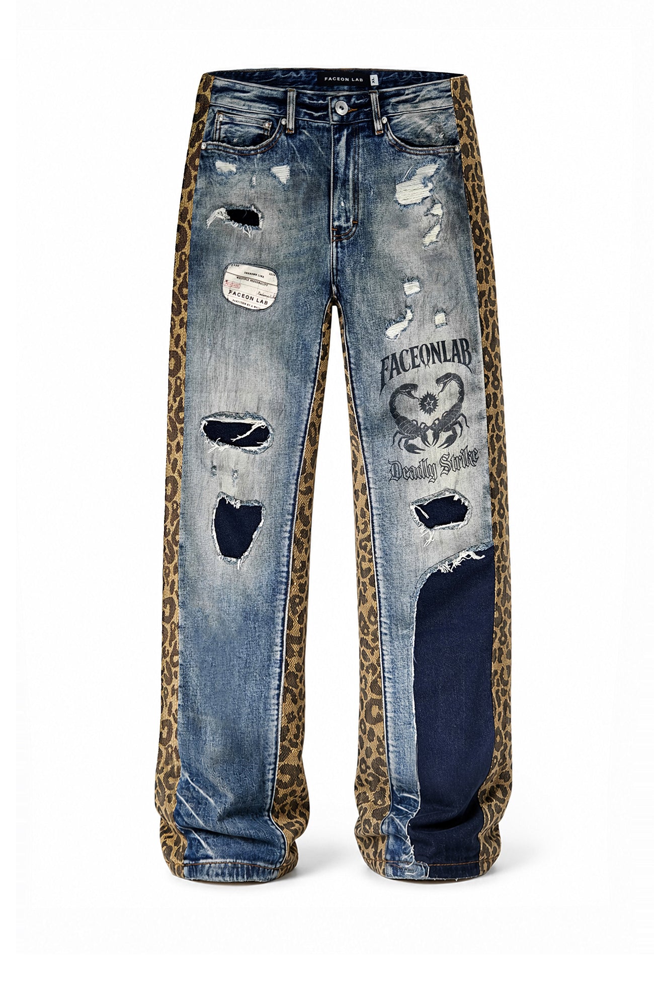 FACEONLAB Leopard Panel Distressed Straight-Leg Jeans