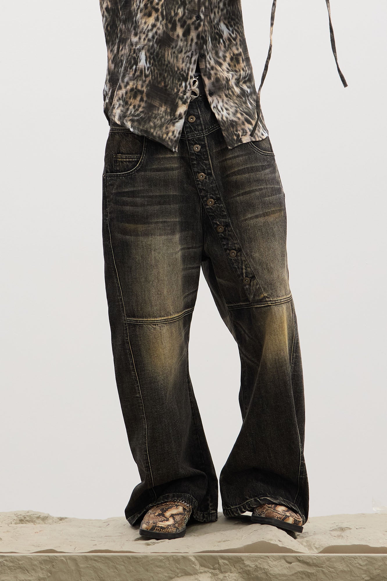 DND4DES Asymmetric Button-Fly Panel Washed Jeans, premium urban and streetwear designers apparel on PROJECTISR.com, DND4DES