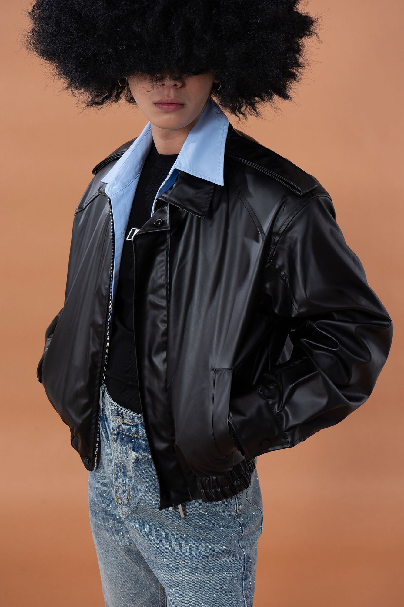 CLP Contrast Layer PU Cropped Moto Jacket, premium urban and streetwear designers apparel on PROJECTISR.com, CLP