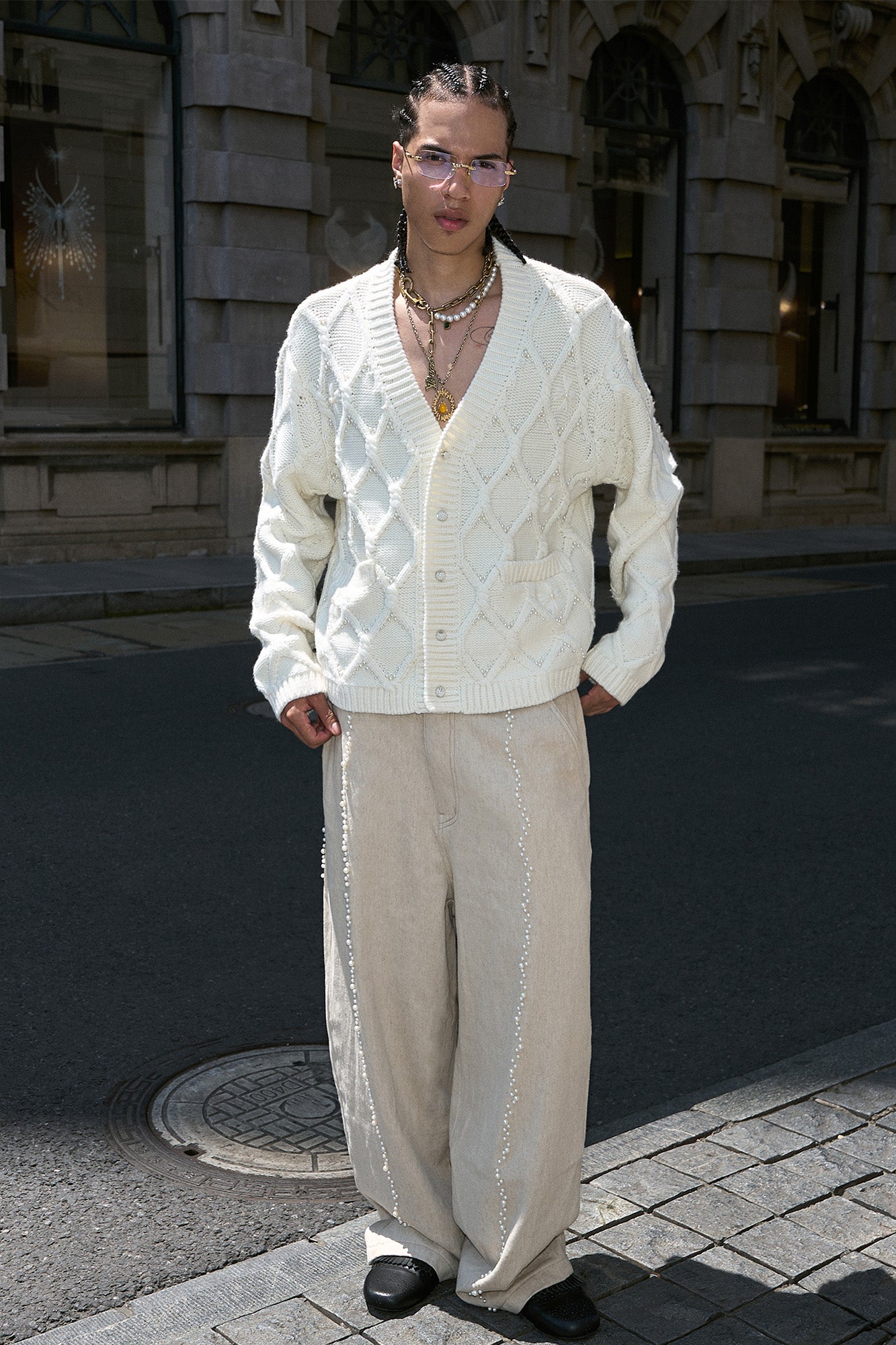 STEEPC Lattice Pearl-Stitched Wool-Blend Cardigan