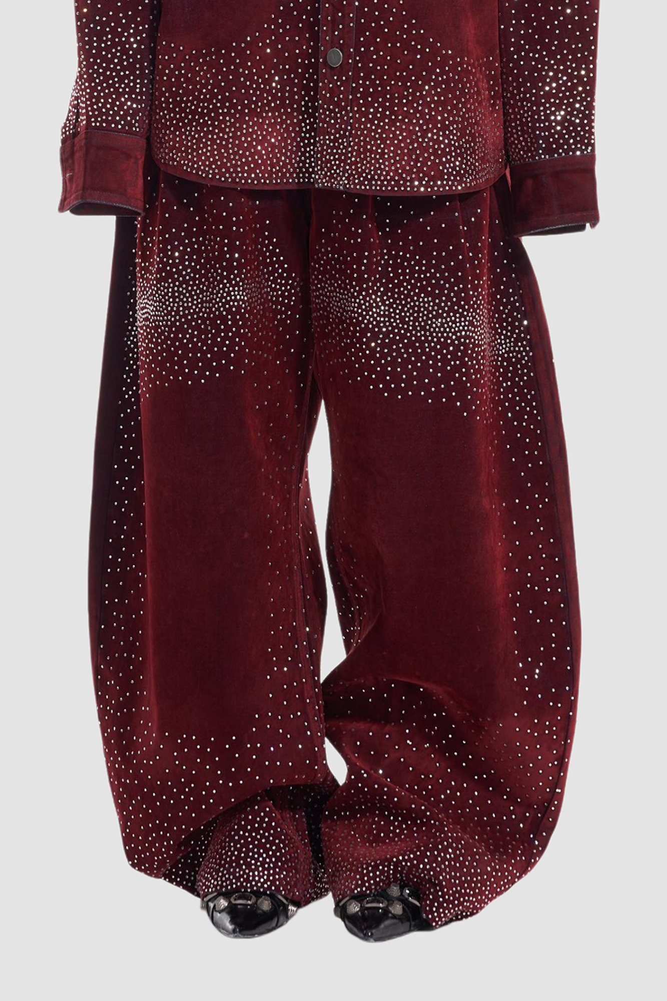 VANN VALRENCE Diamond-Studded Velvet Barrel Leg Trousers