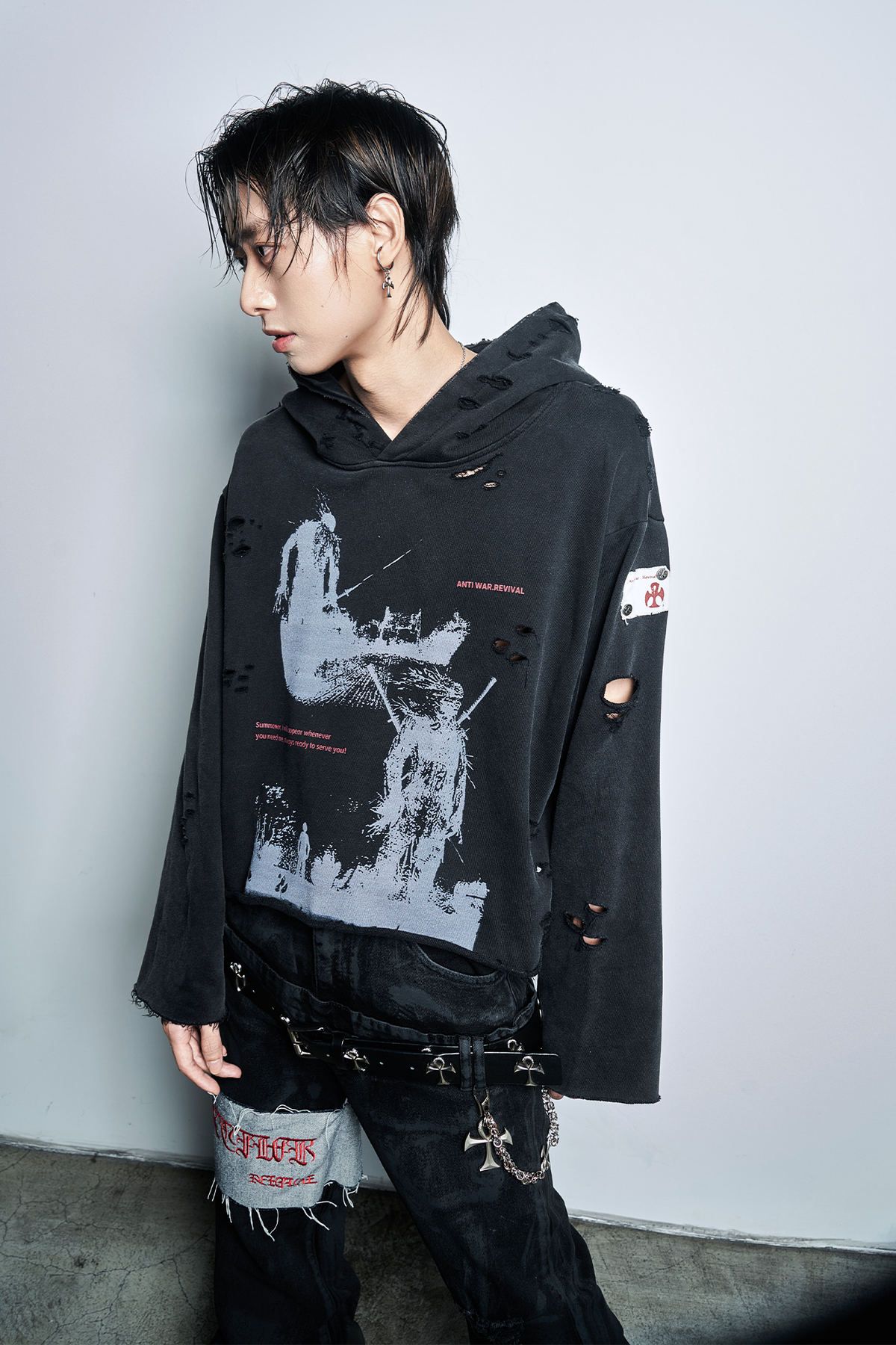 ANTI WAR REVIVAL Distressed Cut-Out Graphic Hoodie