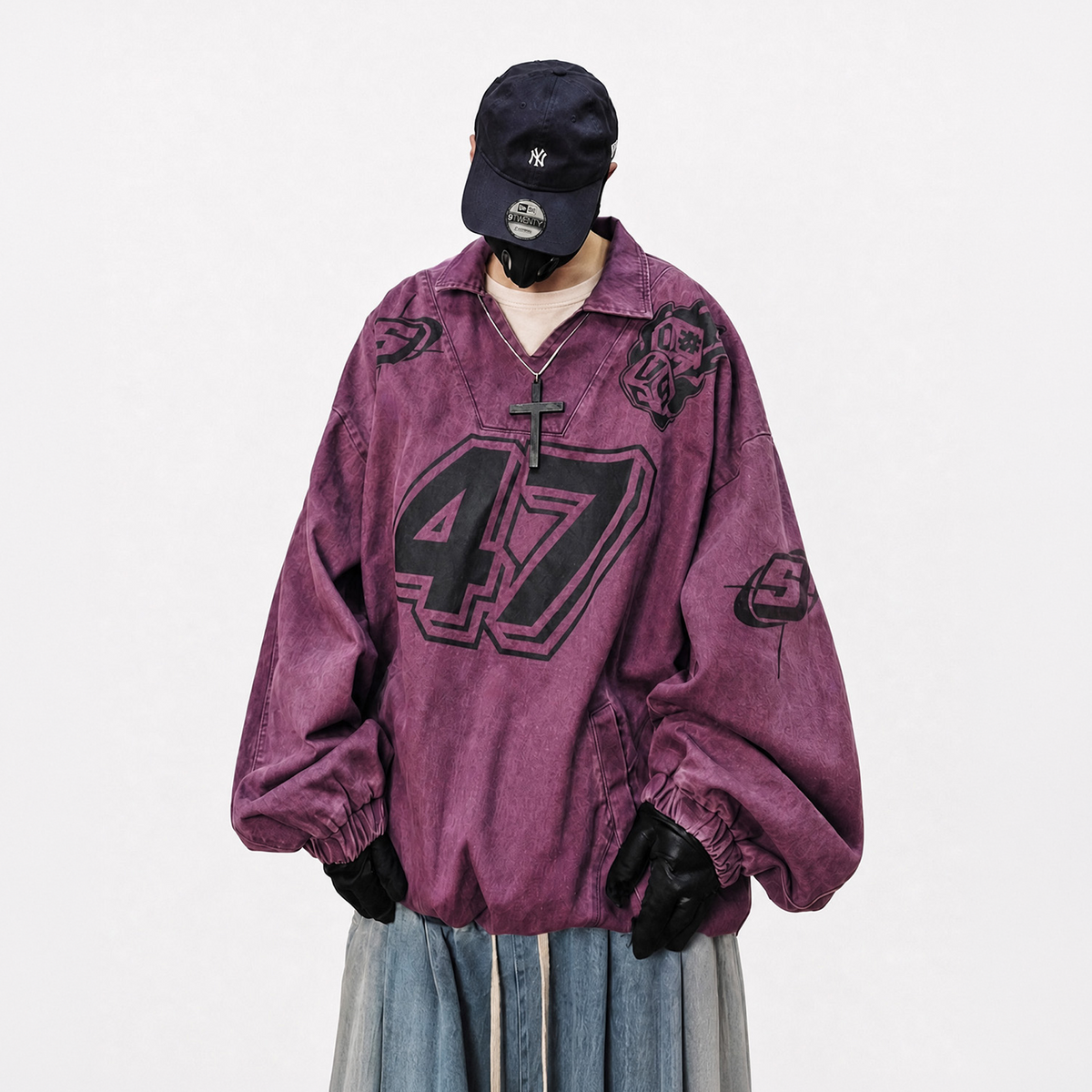 UUCSCC Washed Distressed Oversized V-Neck Sweatshirt