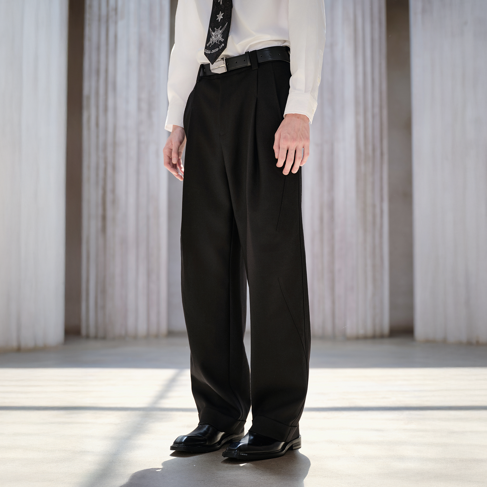 FACEONLAB Classic Wool Pleated Tailored Trousers Black