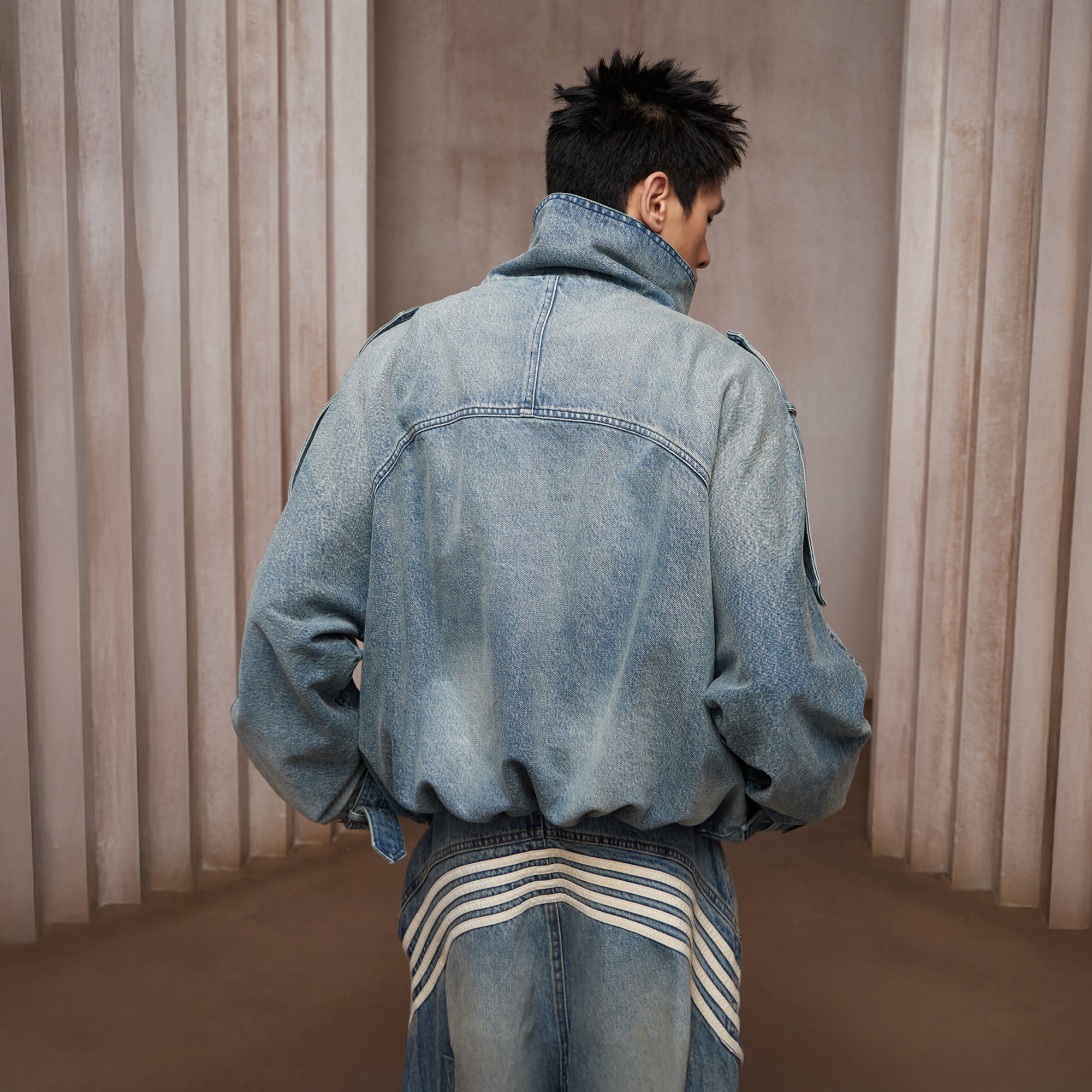 DND4DES Washed Double-Breasted Multi-Pocket Denim Bomber