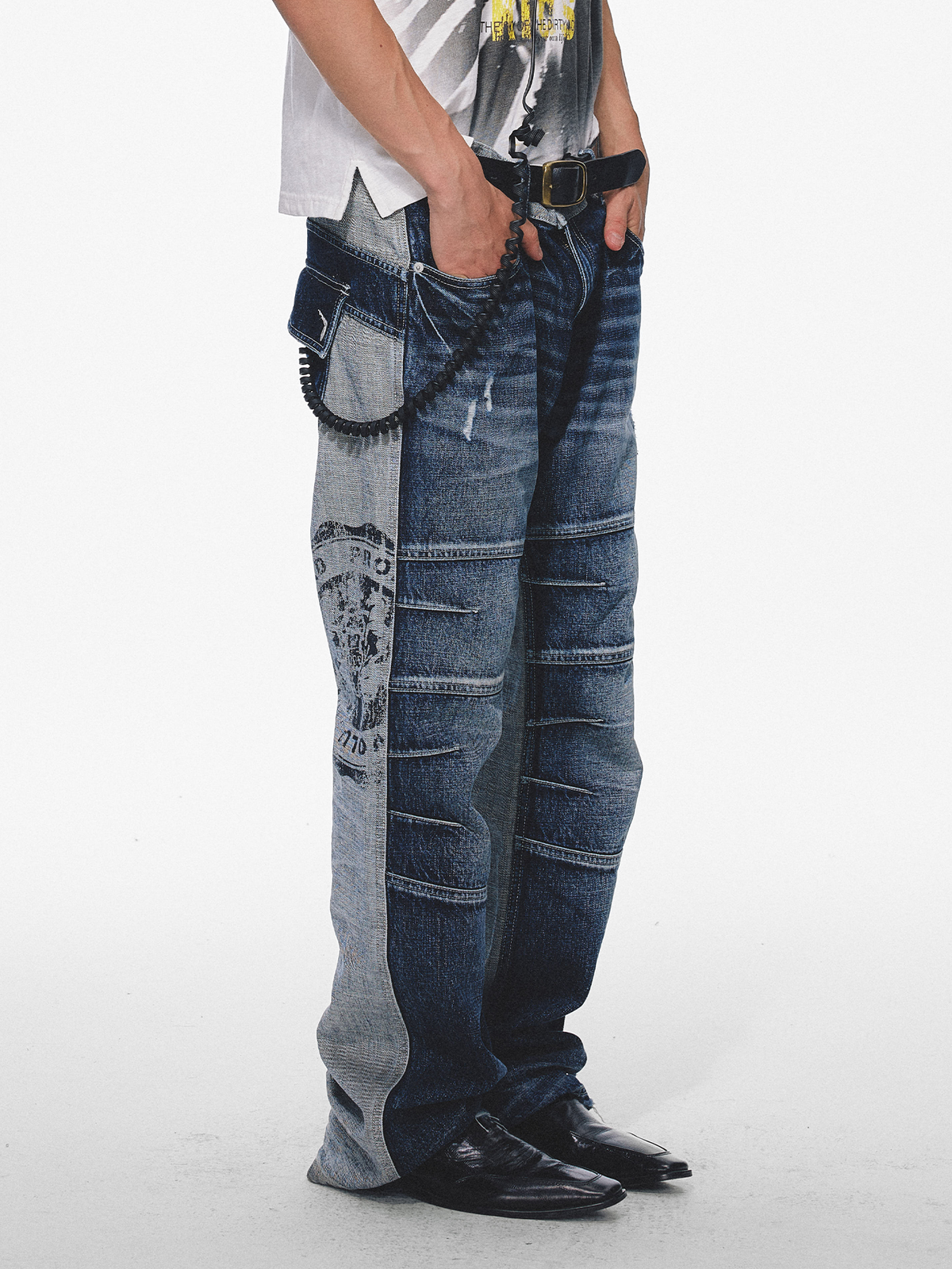 TRECLUB Retro Washed Distressed Spliced Jeans