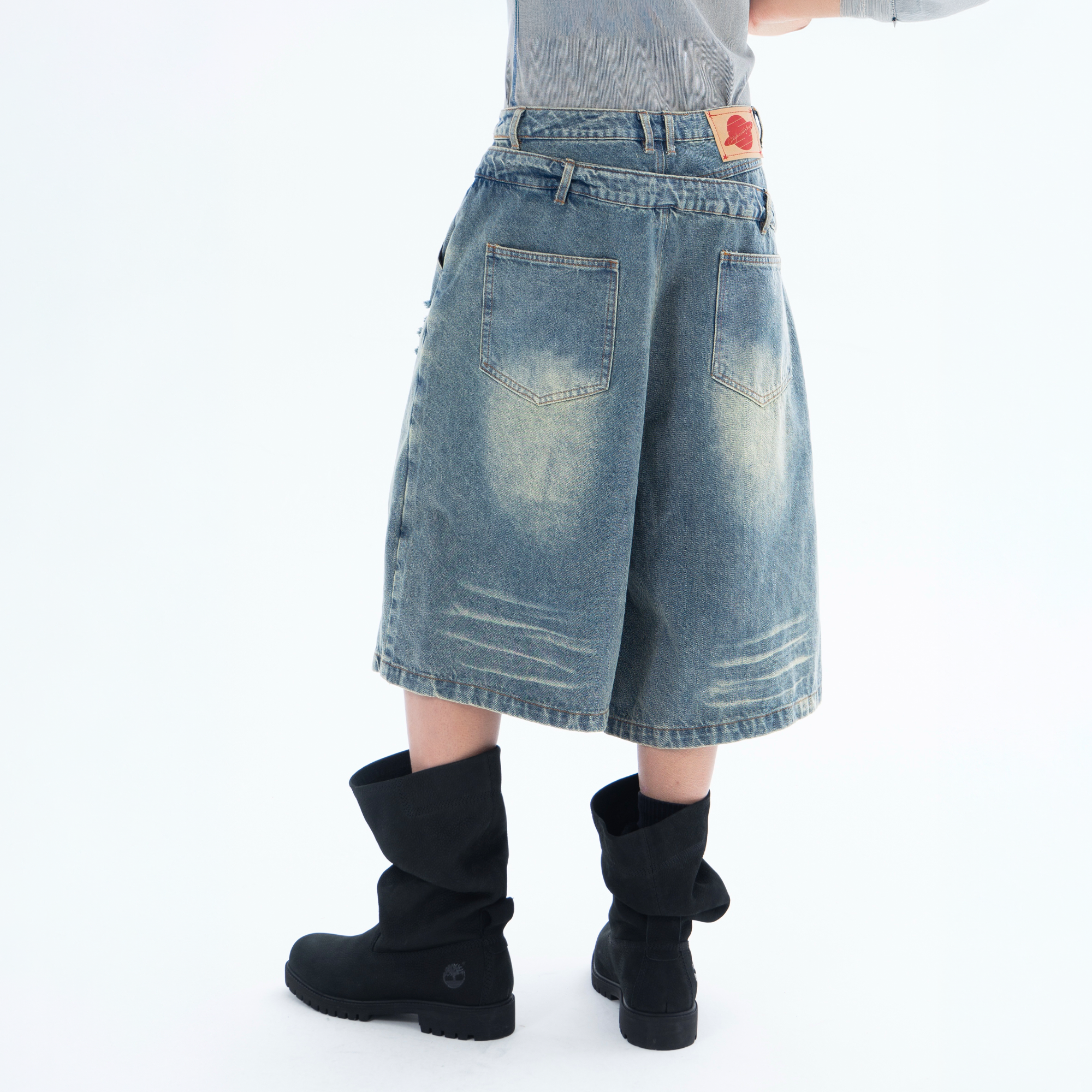 CLP Distressed Double-Waist Denim Shorts