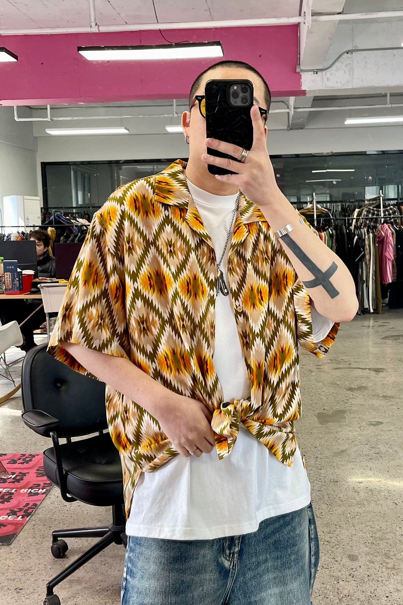 ME DA IGUAL Geometric Full-Print Button-Up Half Shirt, premium urban and streetwear designers apparel on PROJECTISR.com, ME DA IGUAL