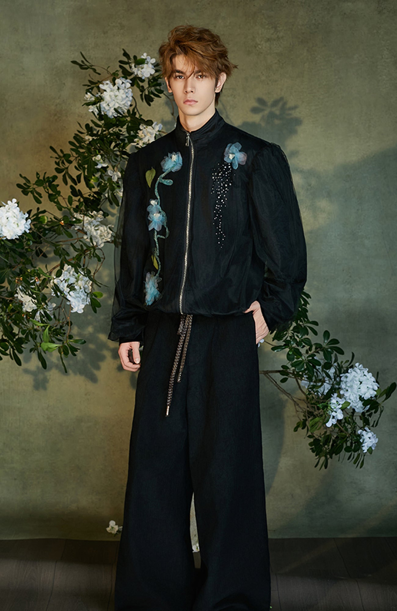 JIECHI Floral Embellished Velvet Sheer Layer Jacket