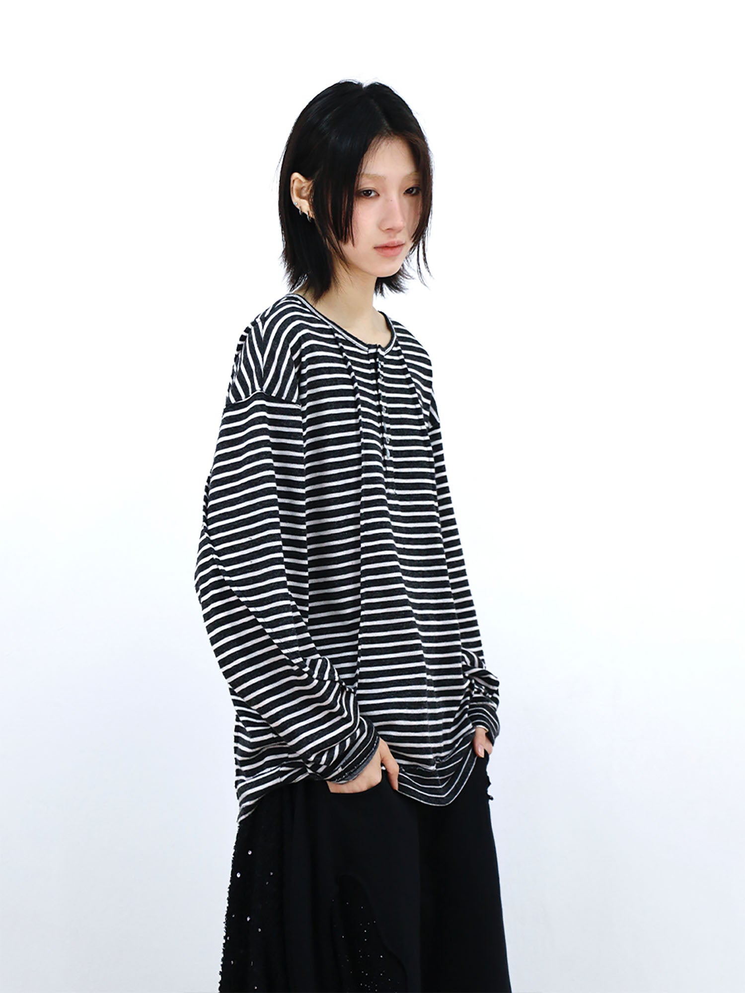 RELABEL Striped Pleated Henley Long-Sleeve Tee, premium urban and streetwear designers apparel on PROJECTISR.com, RELABEL