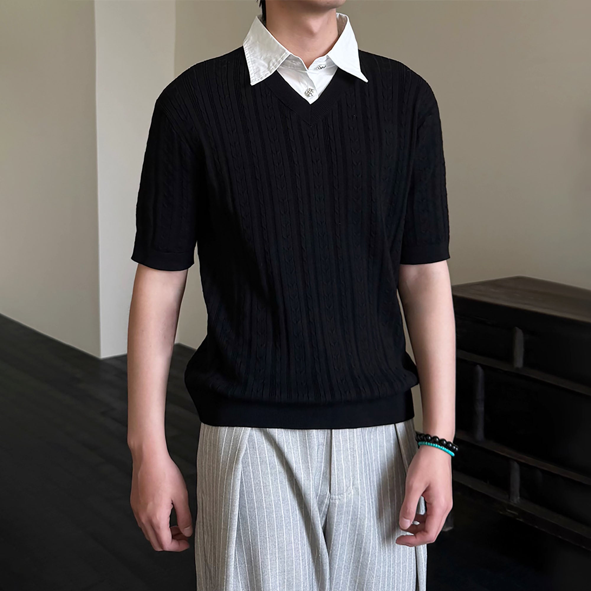 KREATE Faux Layered Cable-Knit Half Shirt, premium urban and streetwear designers apparel on PROJECTISR.com, KREATE