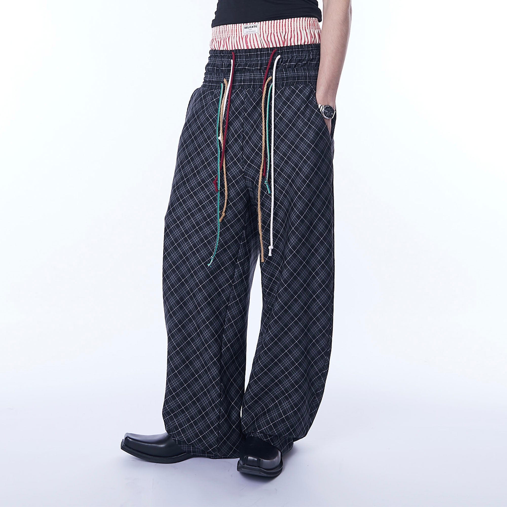 ASSEEN Plaid Double-Waist Drawstring Wide-Leg Pants, premium urban and streetwear designers apparel on PROJECTISR.com, ASSEEN