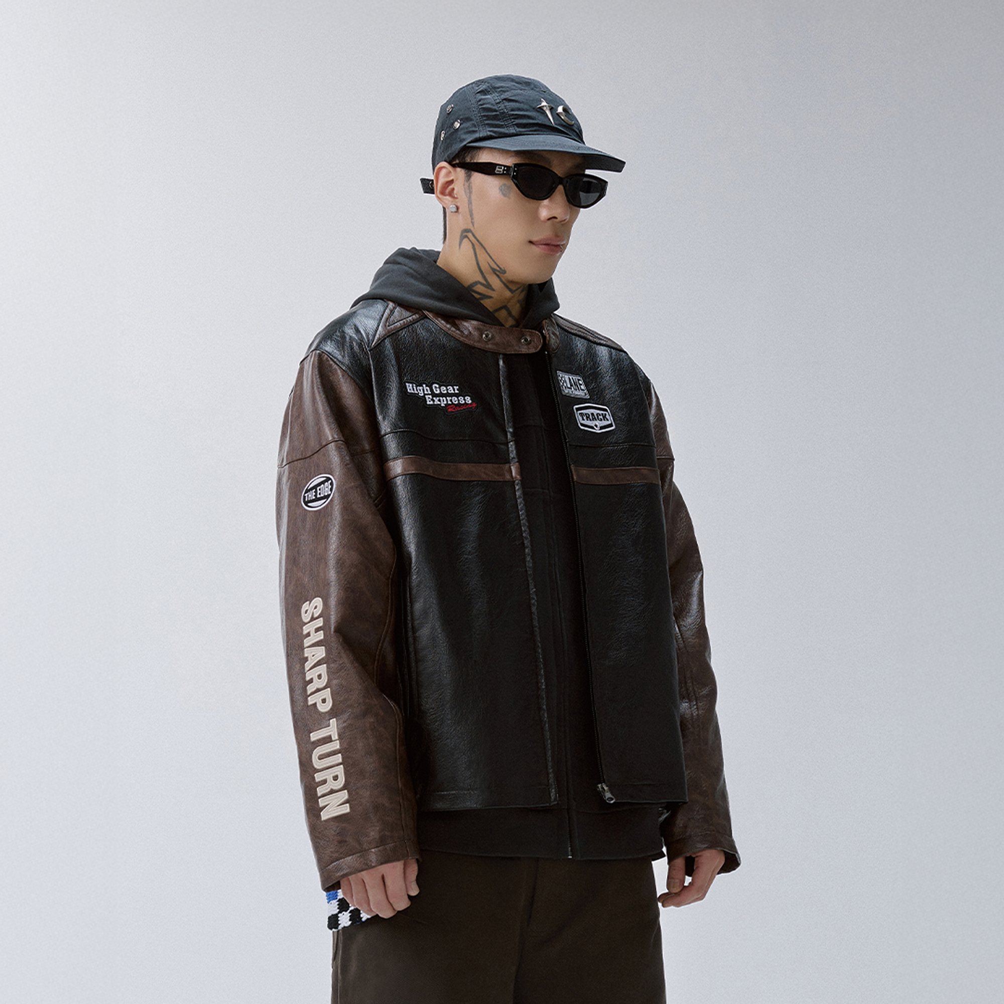 F2CE Retro Embroidered Patch PU Moto Jacket