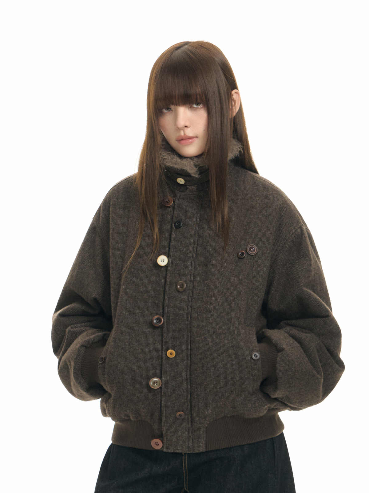 TGNS Striped Faux Fur Collar Cotton-Padded Jacket